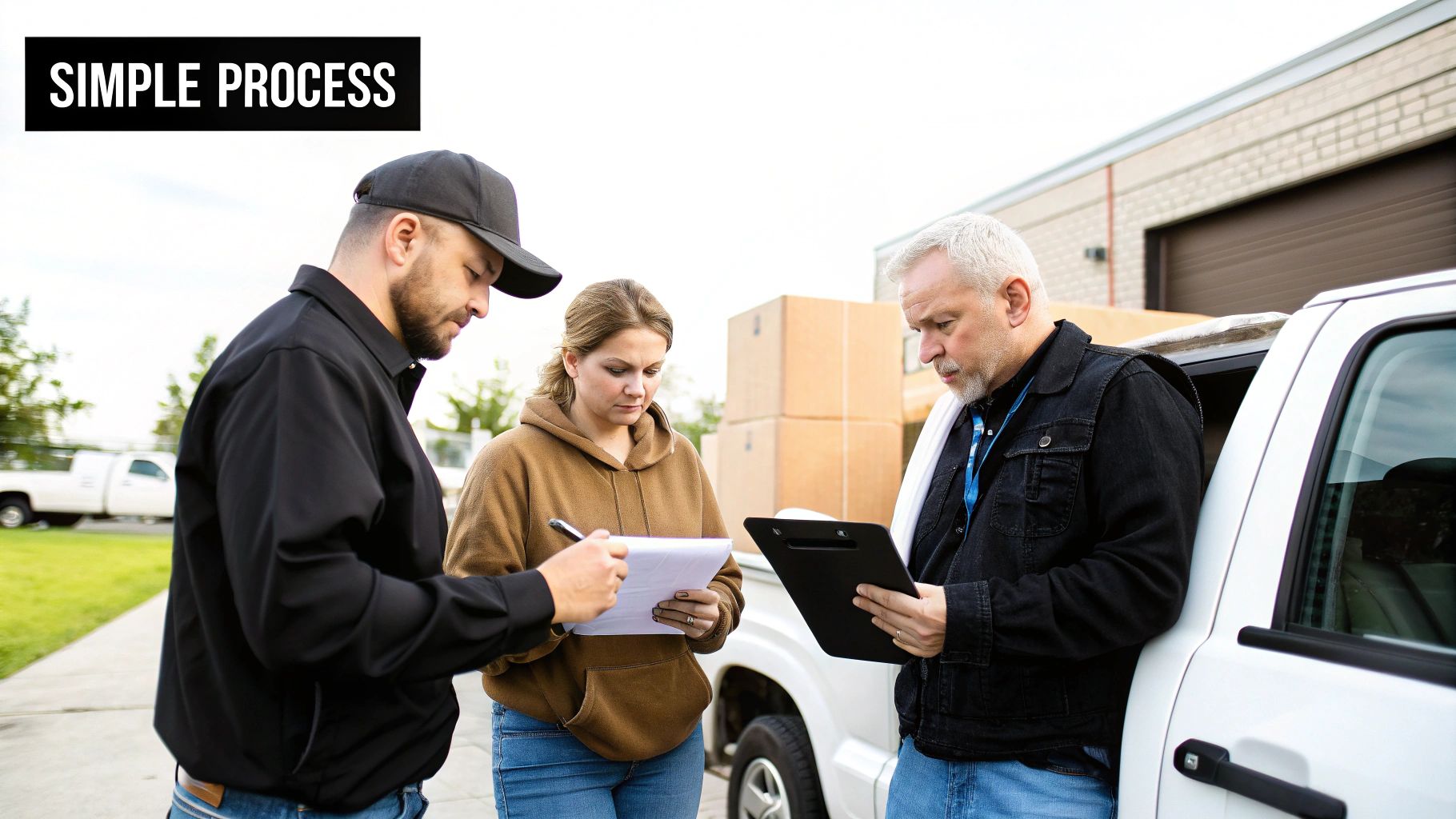 Three people inspecting documents outdoors next to a white truck, likely for a simple delivery or junk removal process.