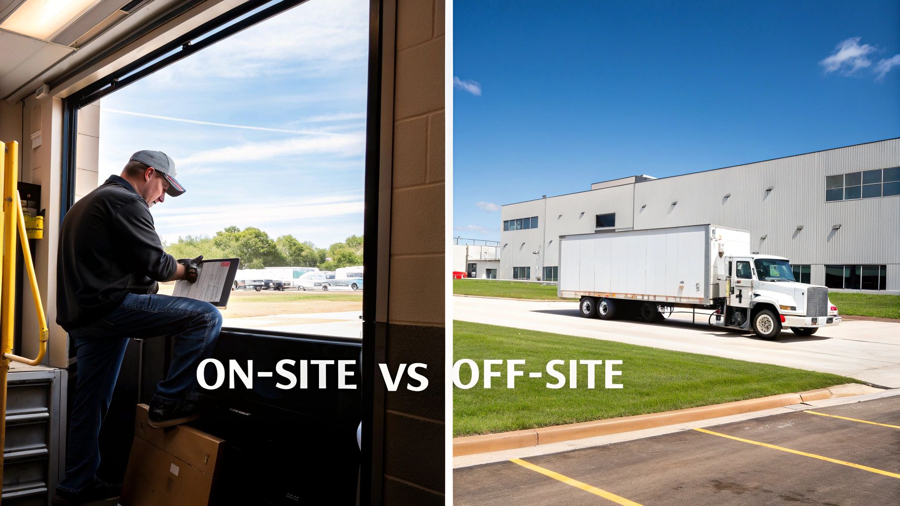 Split image comparing on-site worker processing documents and an off-site white truck at a warehouse.