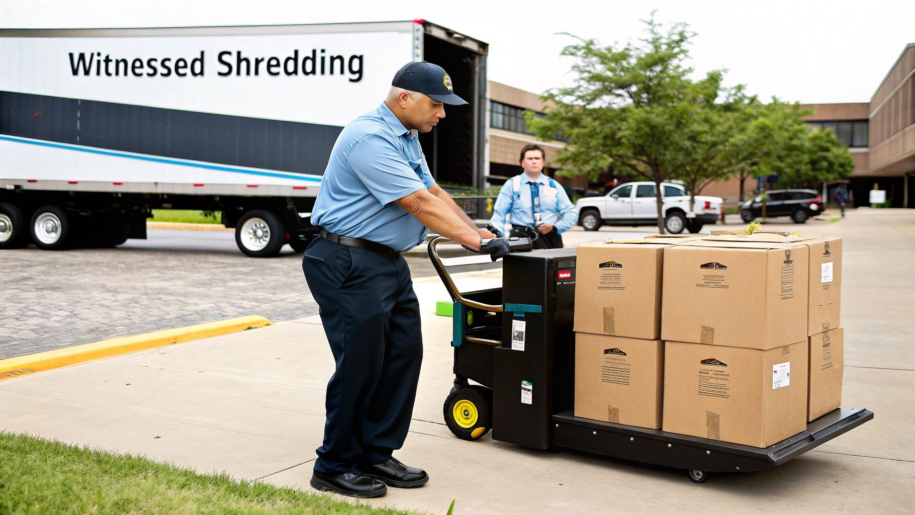 Man loads boxes onto a cart for witnessed onsite document shredding service outside a building.