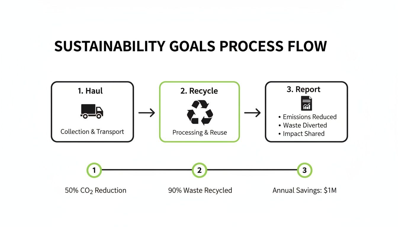 Sustainability goals process flow diagram showing steps for hauling, recycling, and reporting with associated environmental and financial targets.