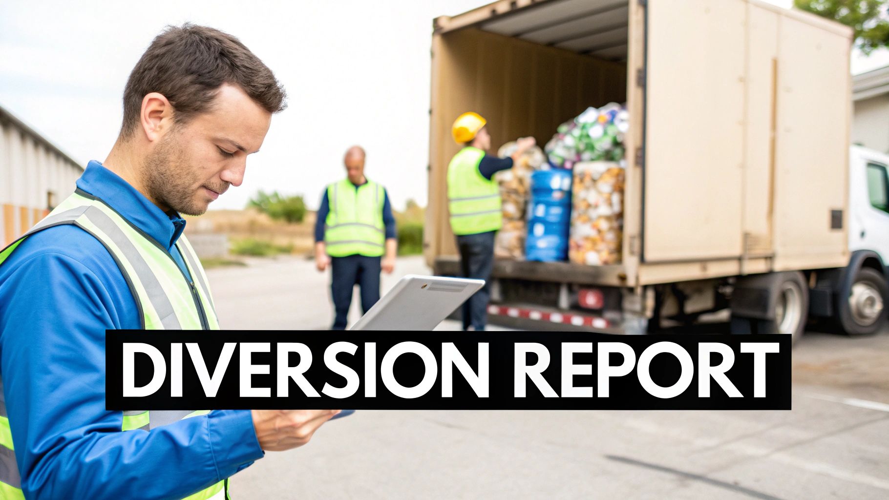 A man in a safety vest reviews a diversion report on a tablet, with workers loading a truck in the background.