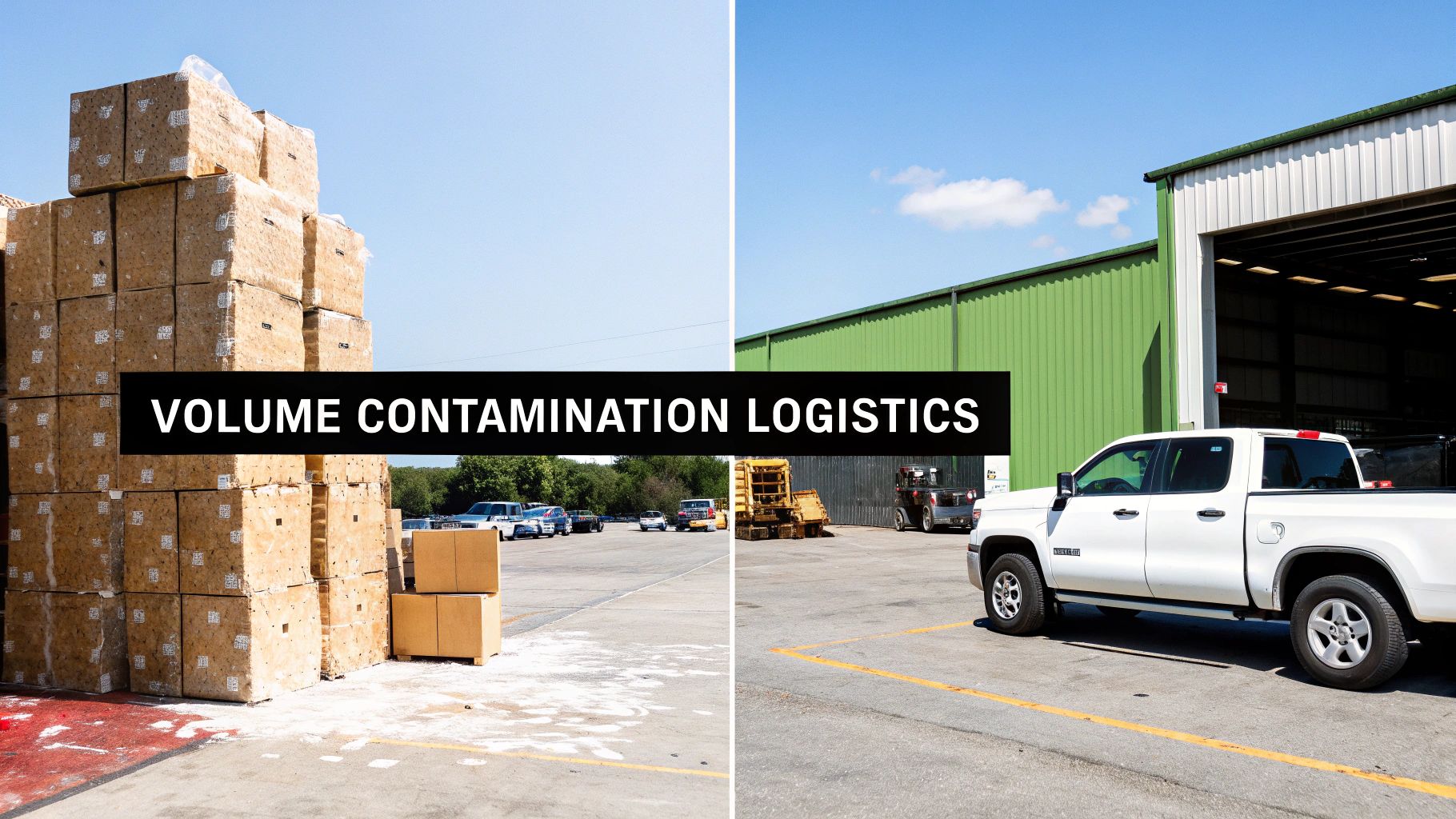 Industrial facility with stacked cardboard bales and trucks, featuring 'Volume Contamination Logistics' text.