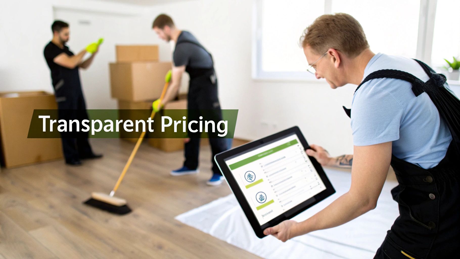 Workers in overalls using a tablet for transparent pricing, while others clean and organize boxes.