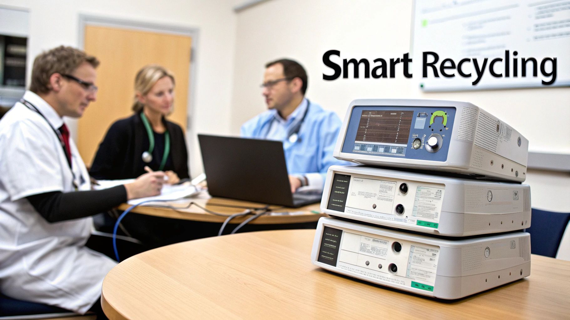 A healthcare worker in scrubs and gloves carefully sorts through various medical supplies and equipment for recycling.