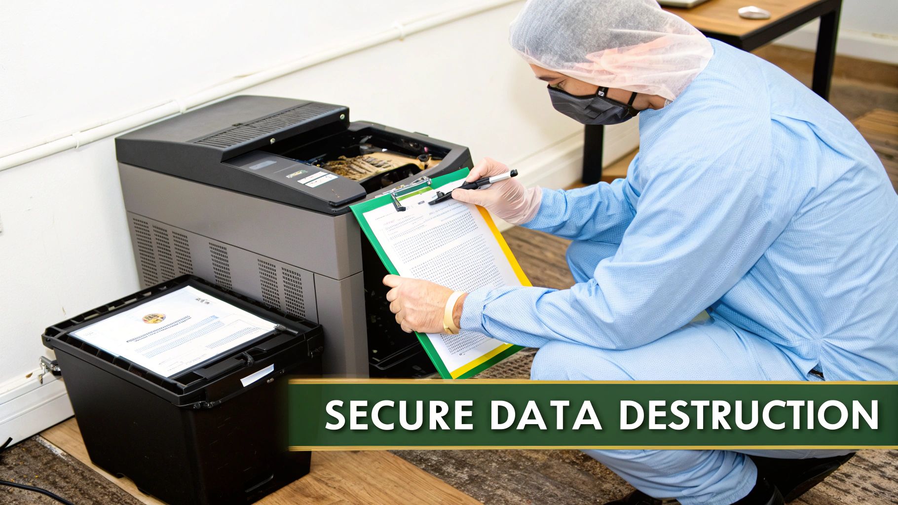 A person in protective gear checks documents for secure data destruction using an industrial shredder.