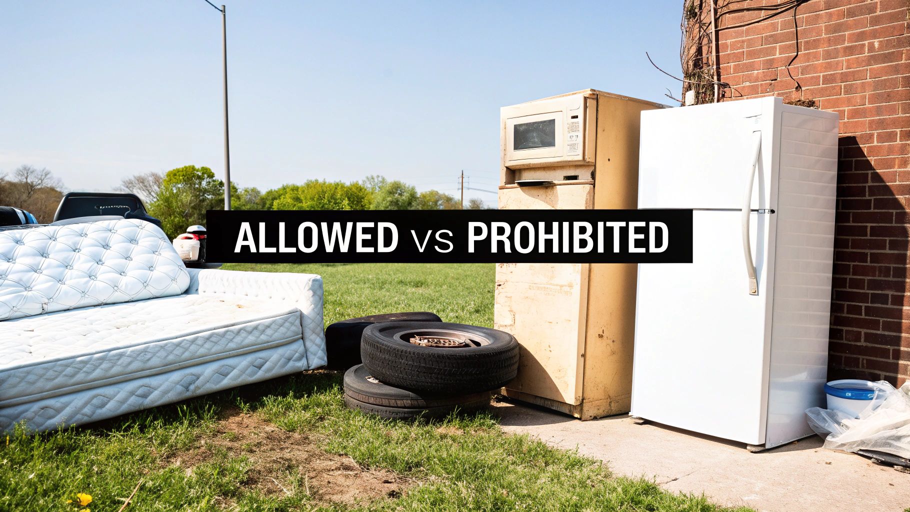 Bulk trash, including a sofa, mattress, tires, microwave, and refrigerator, abandoned on grass with text 'ALLOWED vs PROHIBITED'.