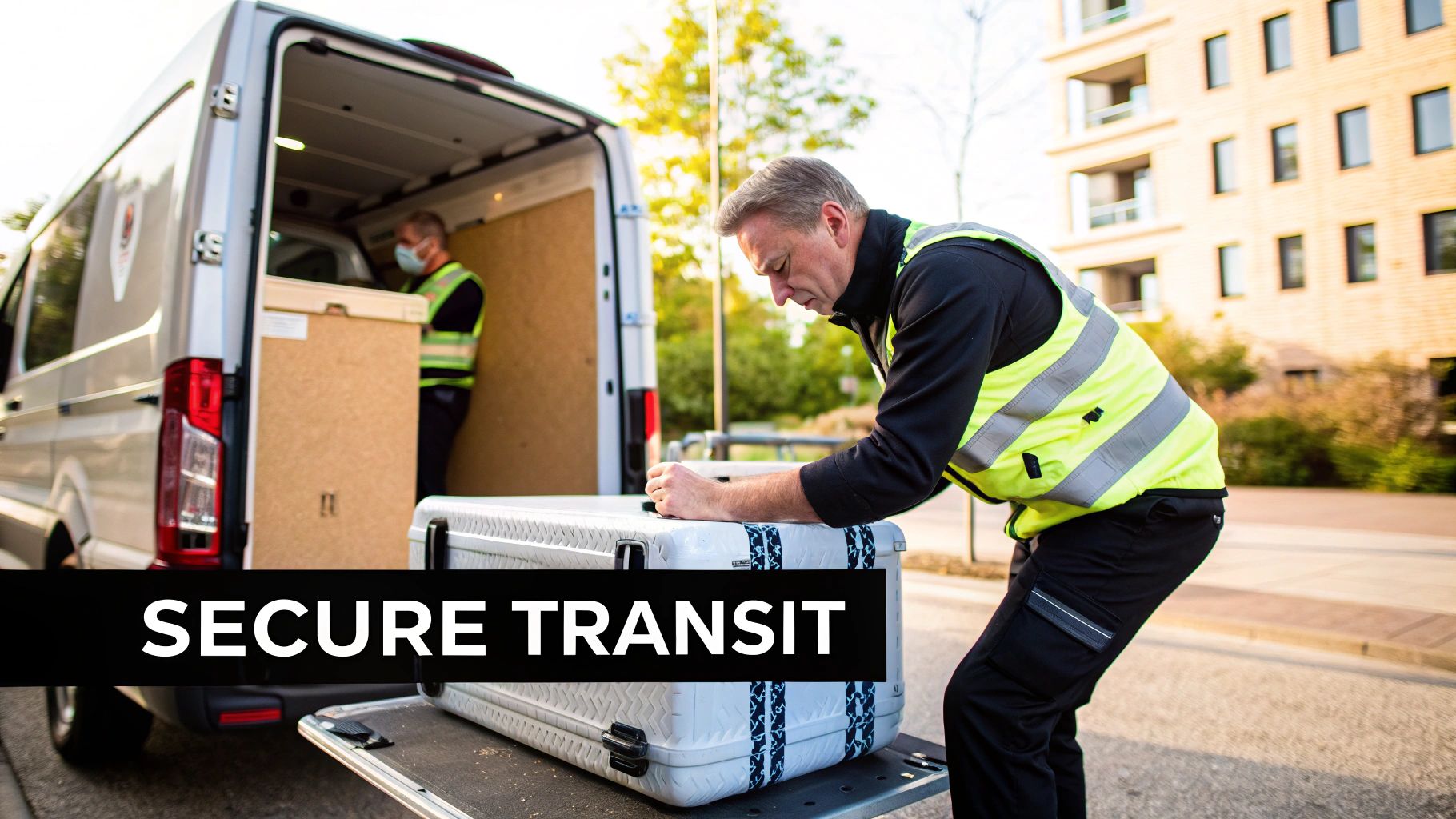 A secure transport vehicle being loaded with IT assets for removal