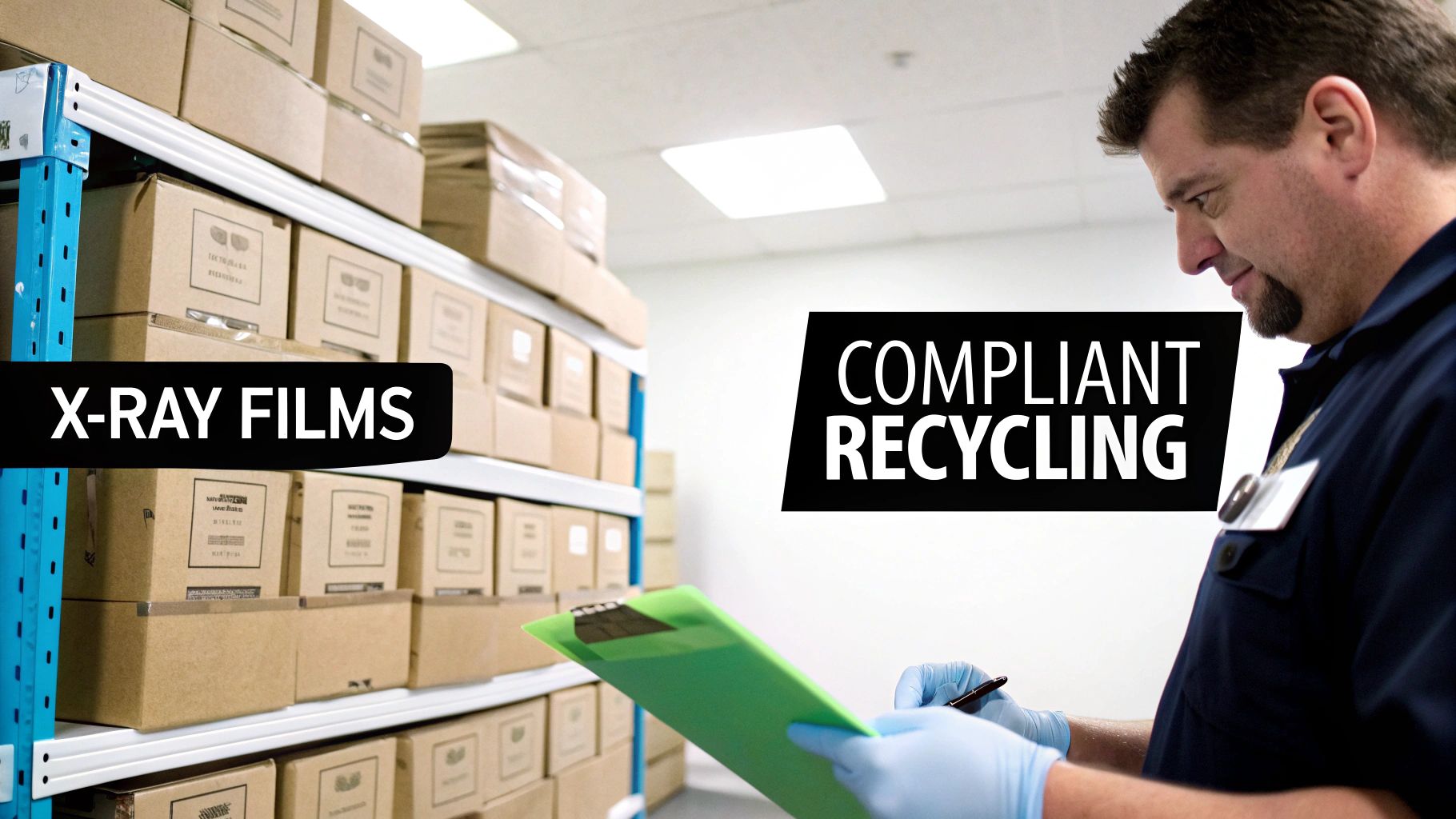 Man in gloves checking inventory of X-ray films on shelves for compliant recycling process.