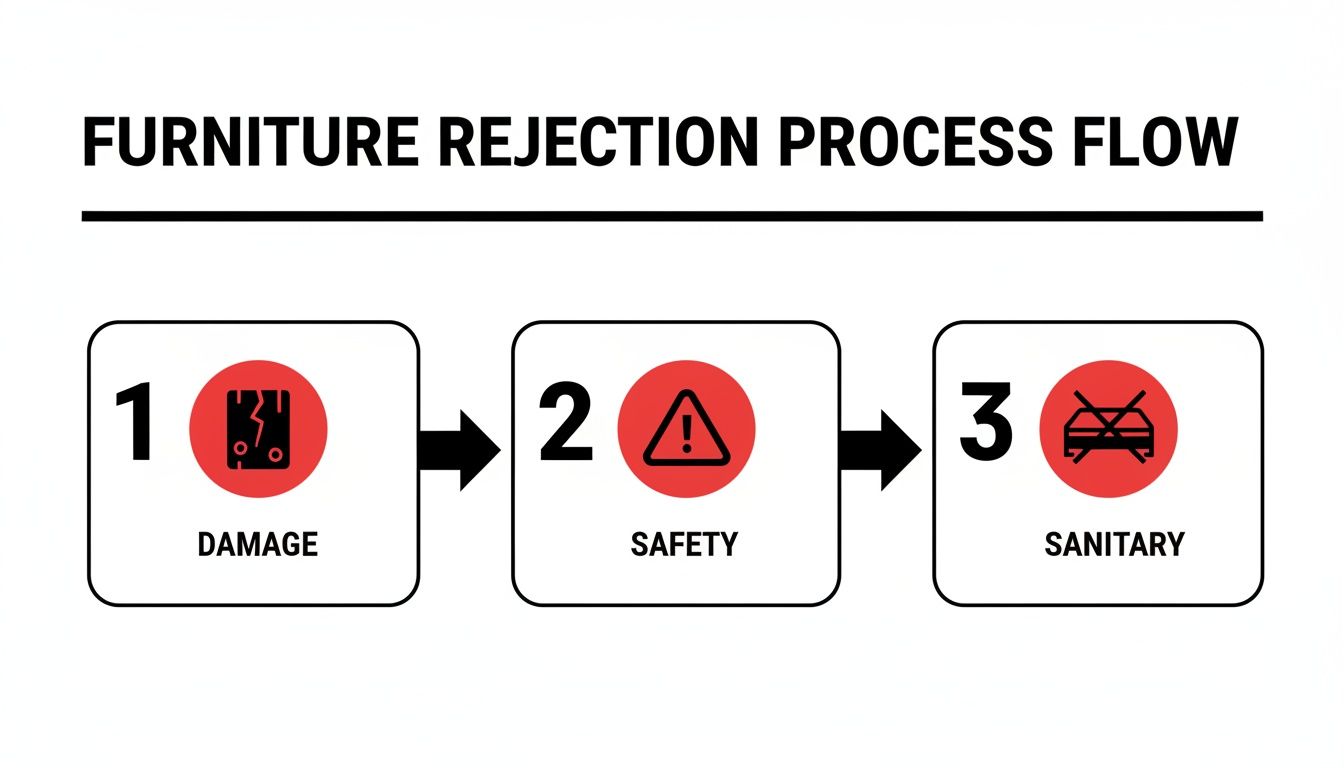 Flowchart detailing the furniture rejection process with steps for damage, safety, and sanitary reasons.