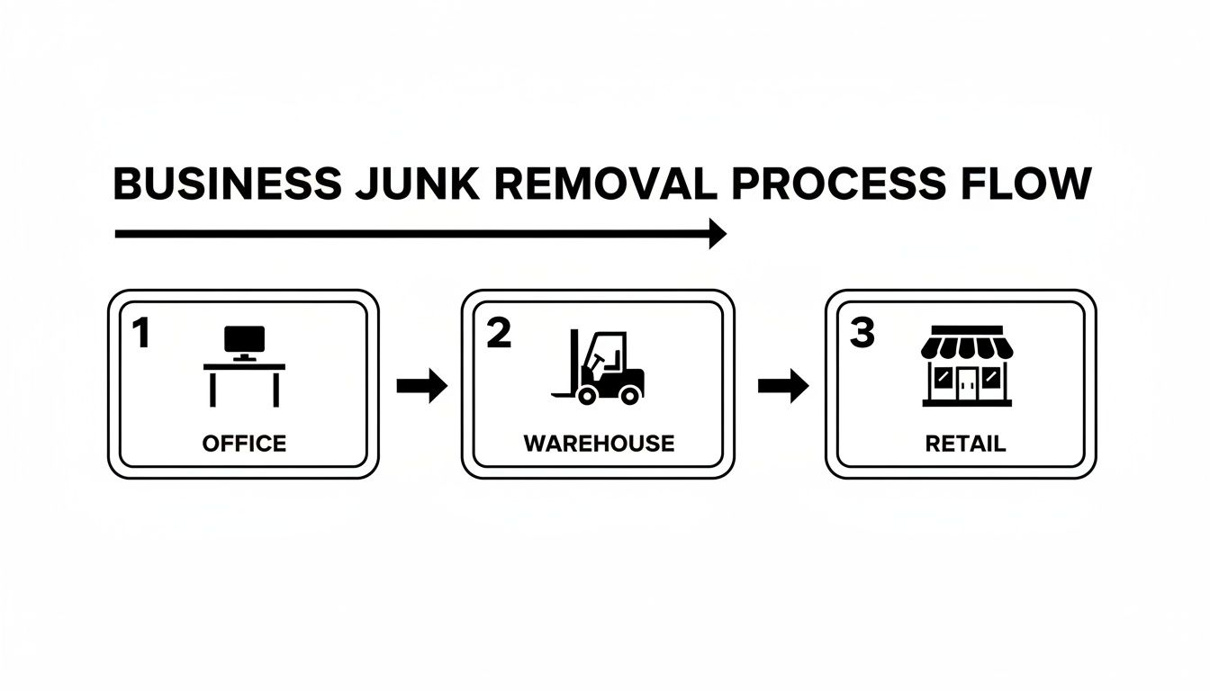 A process flow diagram illustrating business junk removal steps from office to warehouse to retail.