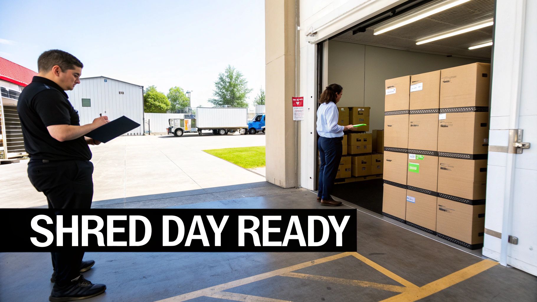 A man checks documents while a woman oversees stacks of shredding boxes at a loading dock, ready for shred day.