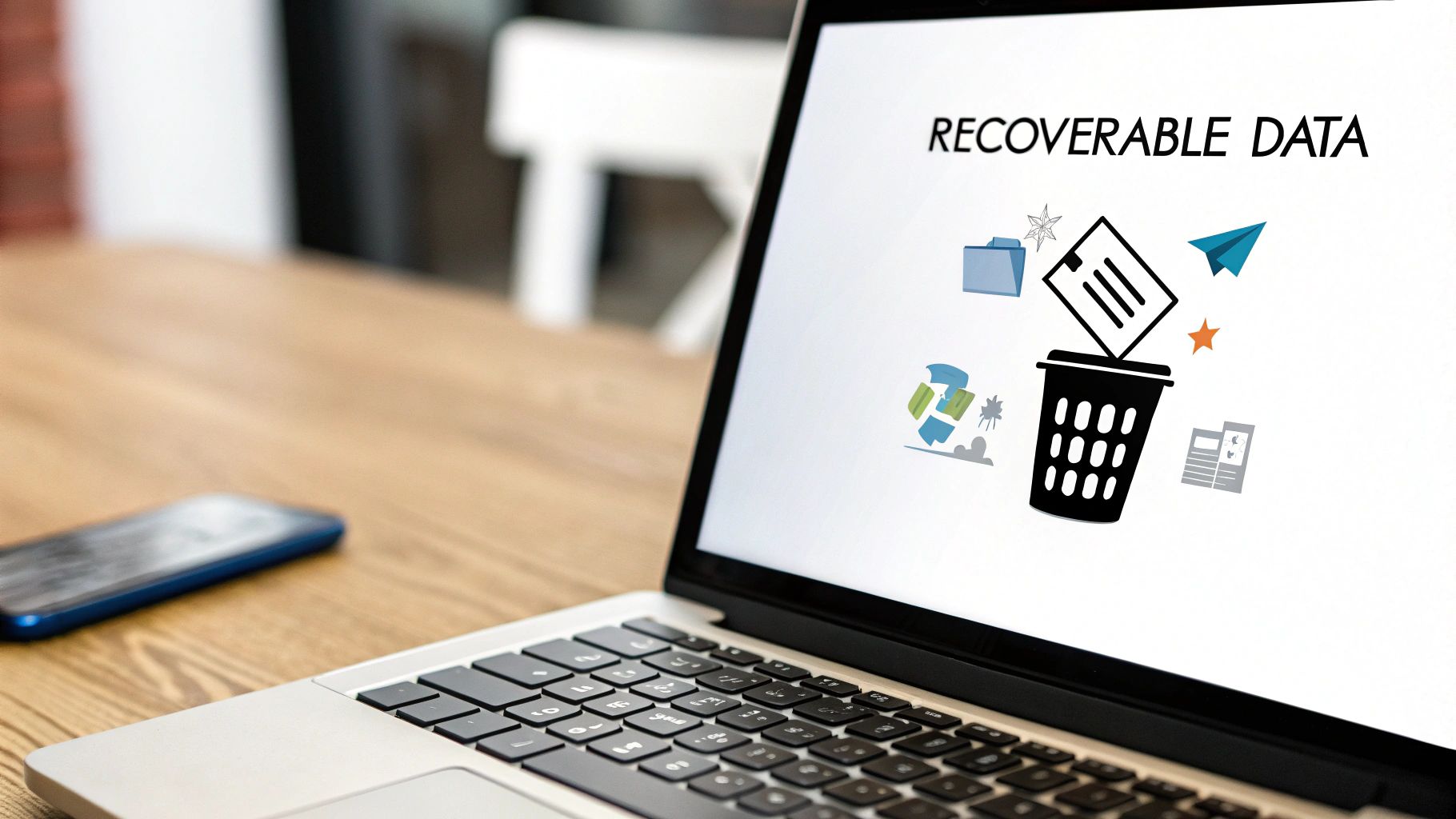 A laptop screen displays 'RECOVERABLE DATA' with icons illustrating file and data recovery.