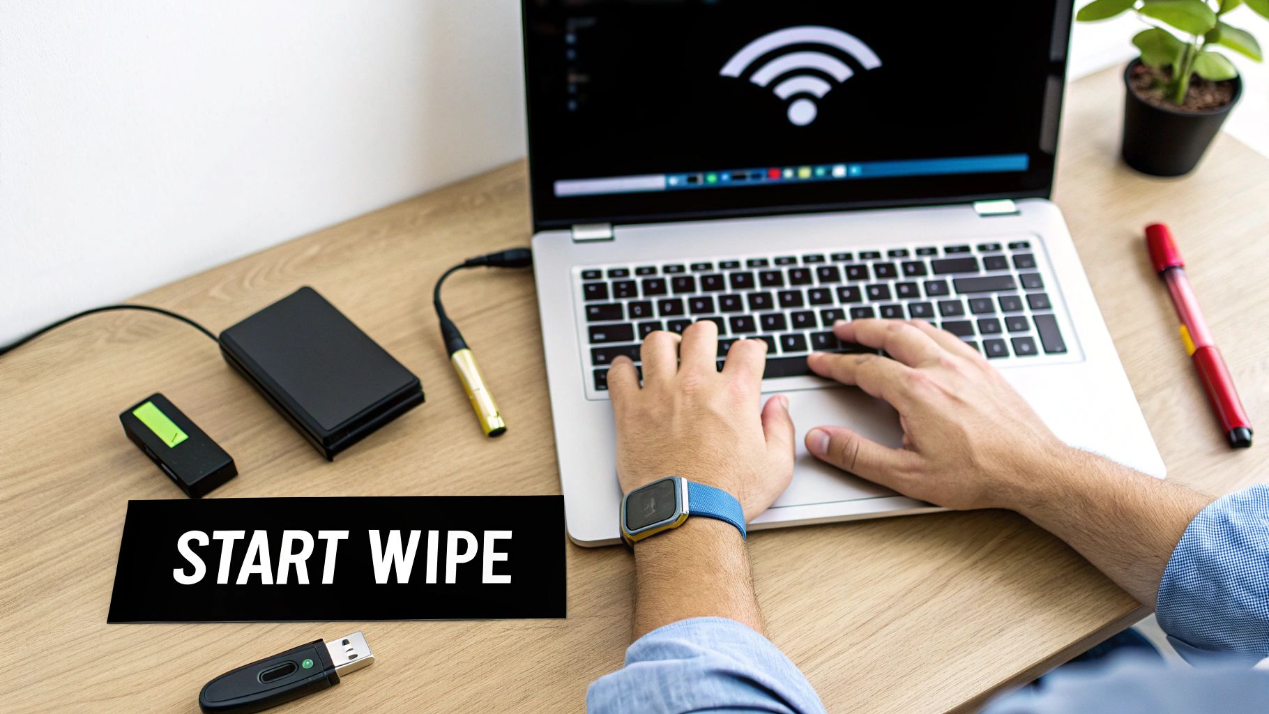 Person typing on a laptop with a Wi-Fi symbol, surrounded by electronic devices and 'START WIPE' text.