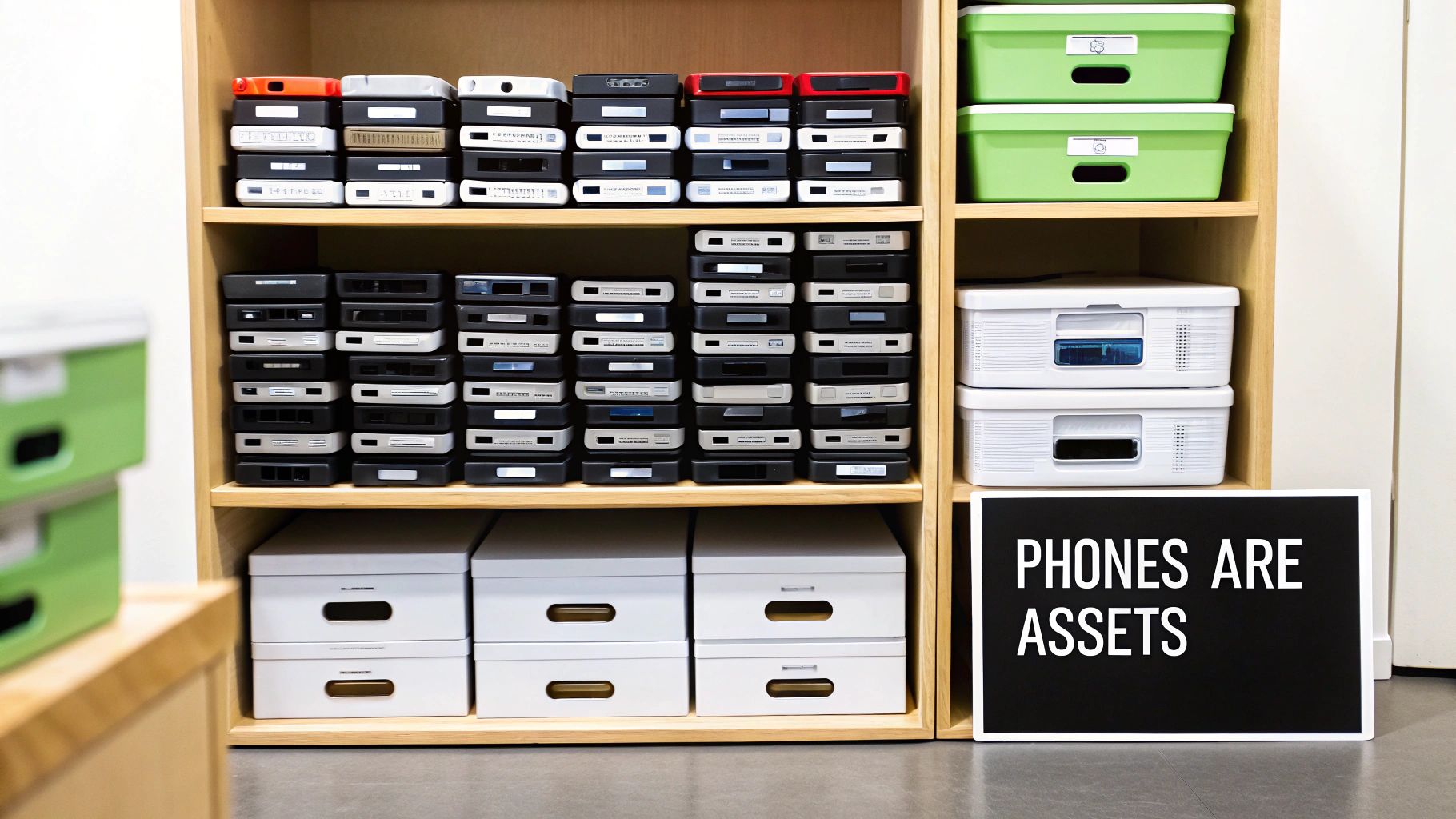 A wooden shelf unit showcasing many neatly organized old mobile phones in various cases and storage bins, with a sign stating “PHONES ARE ASSETS”.