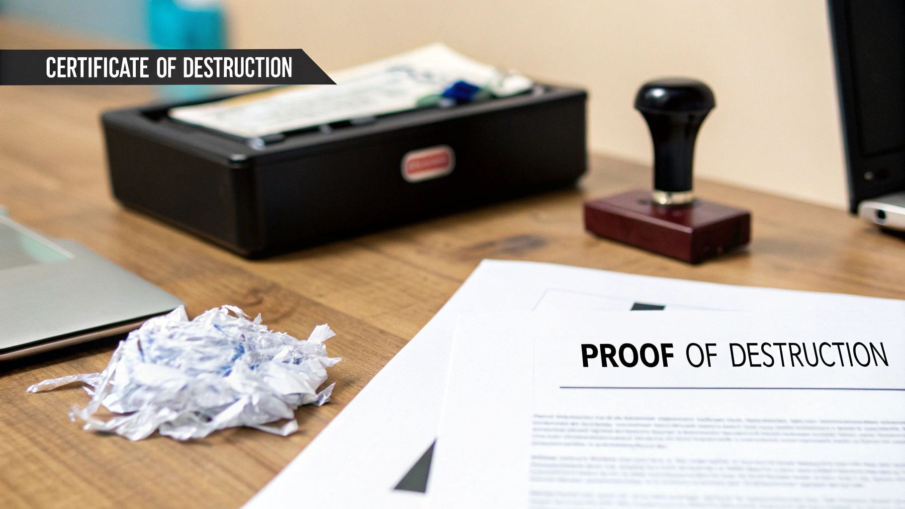 A desk with a document titled 'PROOF OF DESTRUCTION', shredded paper, and a document shredder.