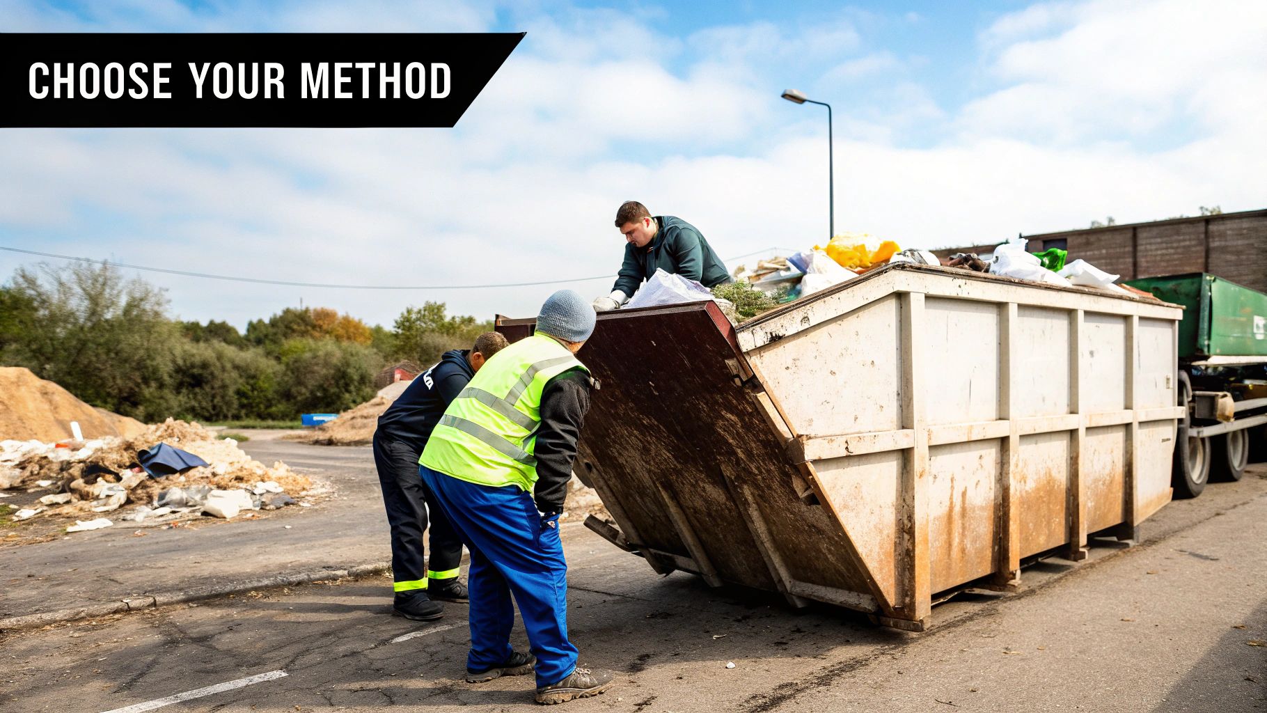A full-service junk removal team loading construction debris into their truck, contrasted with a large roll-off dumpster on a job site.