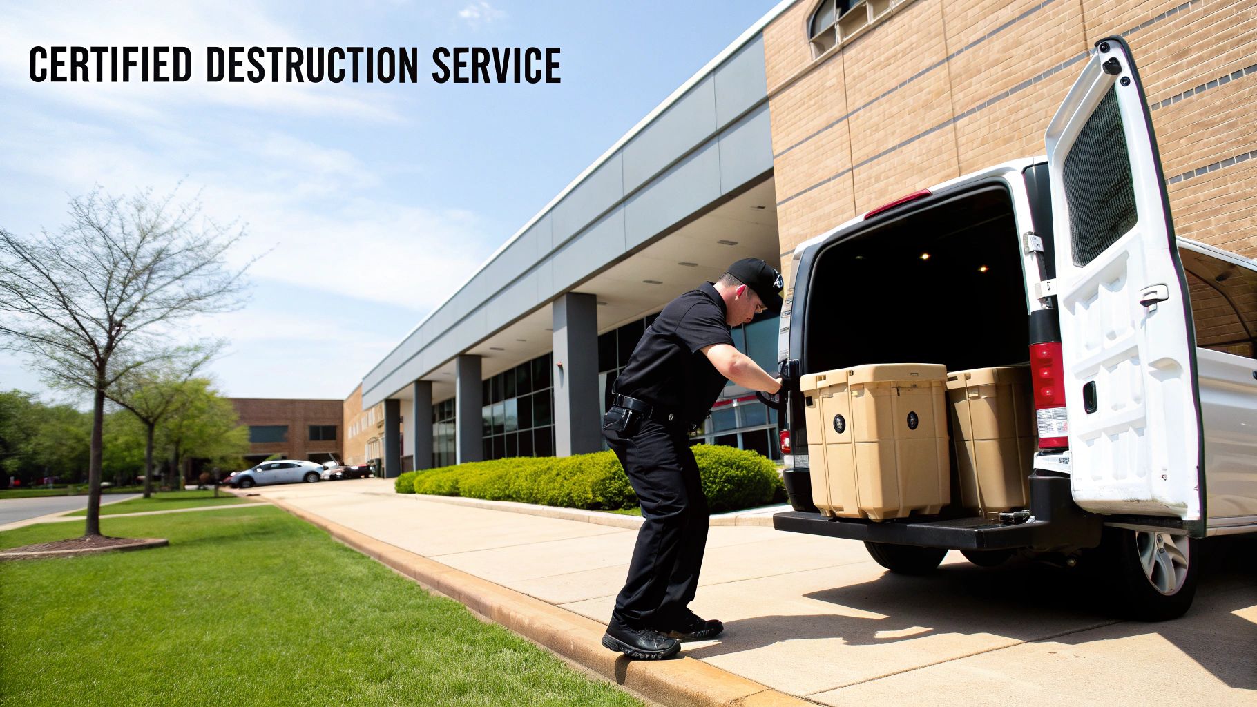 A man in uniform loads secure containers into a white van for certified destruction service.