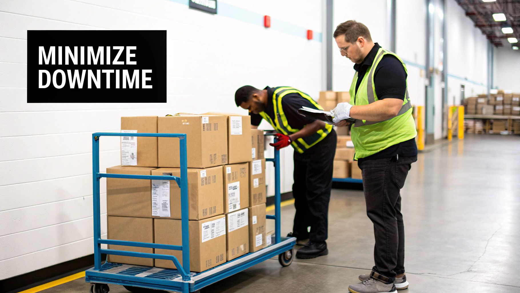Two warehouse workers in safety vests inspect boxes on a cart, focusing on efficient inventory management.
