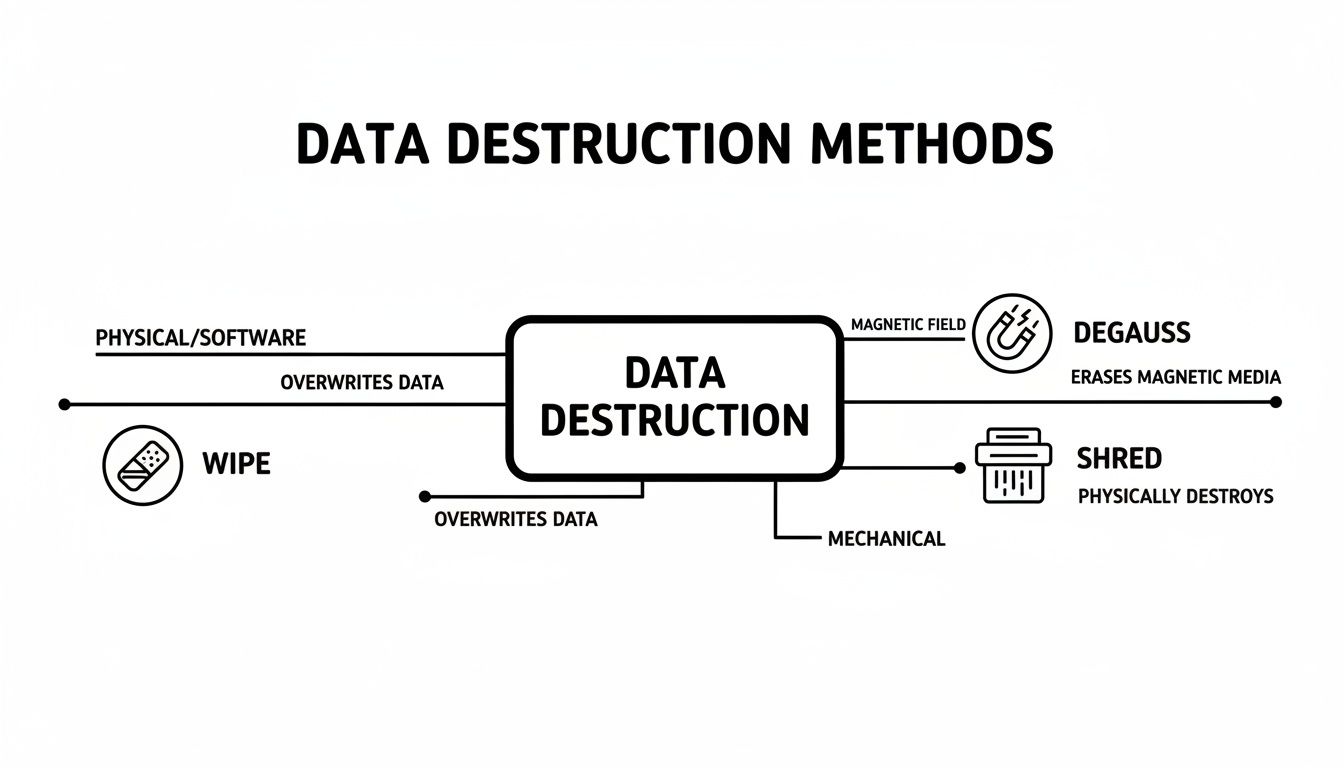 Diagram illustrating various data destruction methods including wipe, degauss, and shred for data security.