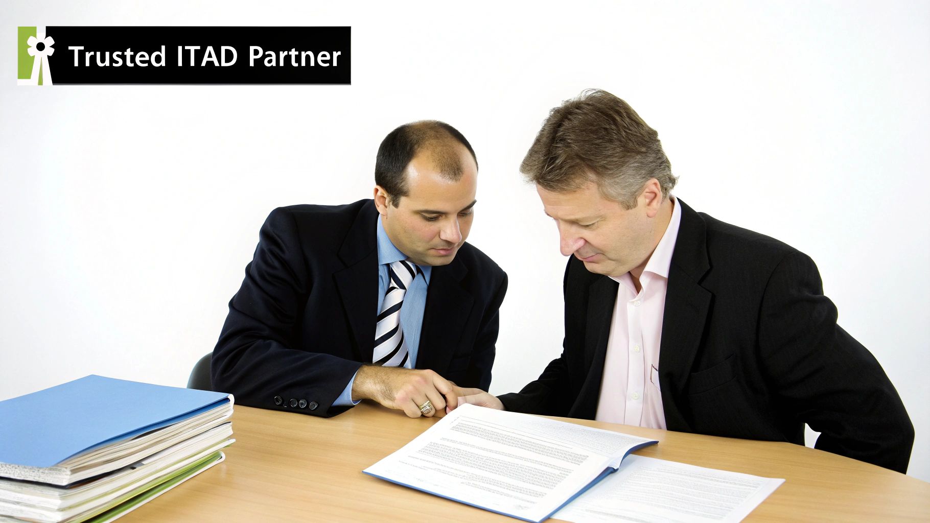 Two businessmen reviewing documents at a desk, one pointing, with folders nearby.