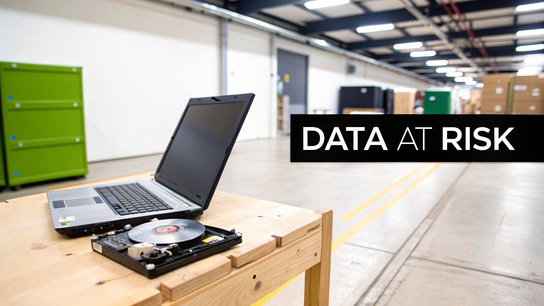 A laptop and an exposed hard drive on a wooden table with 'DATA AT RISK' text overlay.