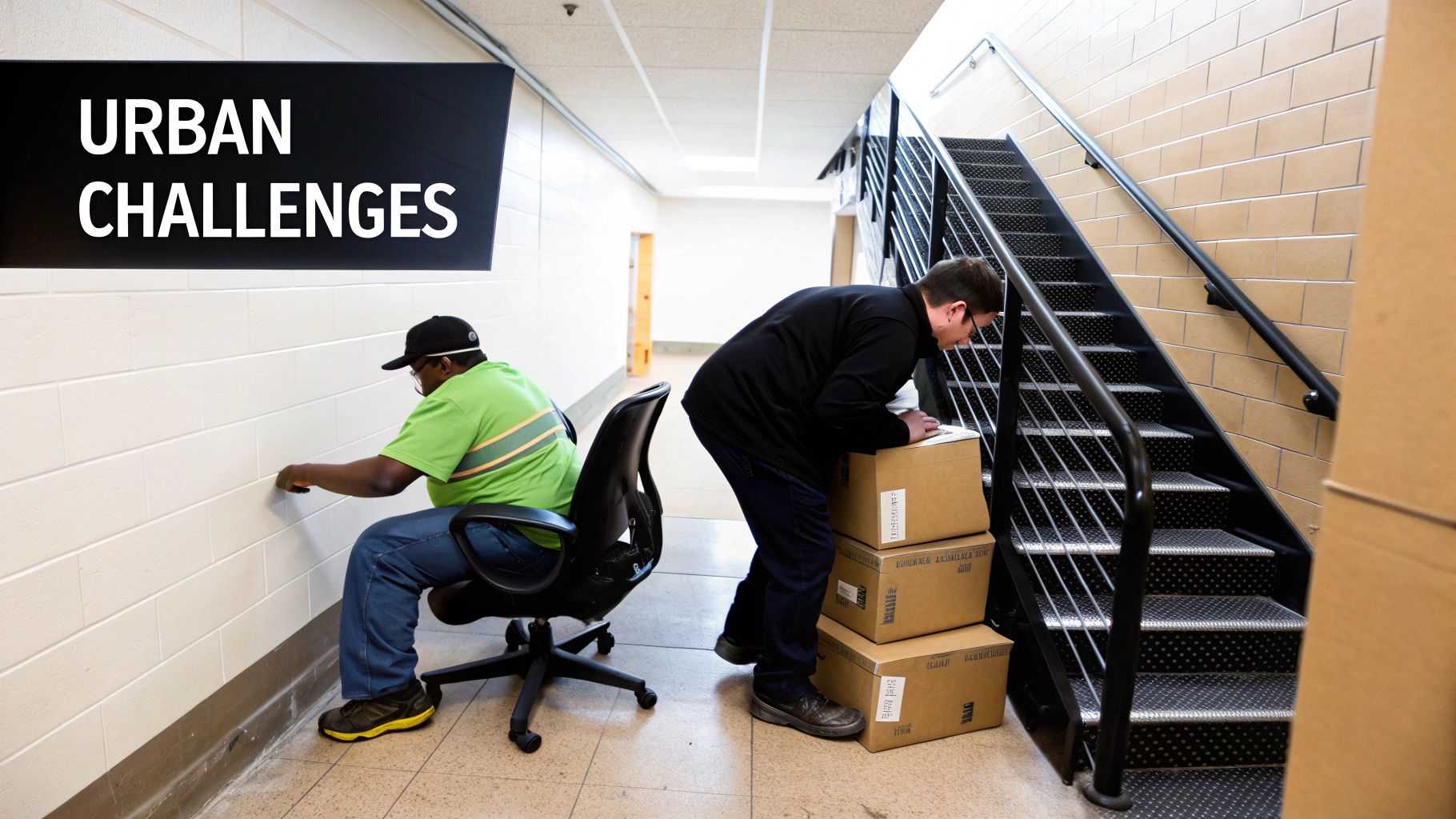 Two men working in a hallway, one by a wall, another with boxes, beneath an 'Urban Challenges' sign.