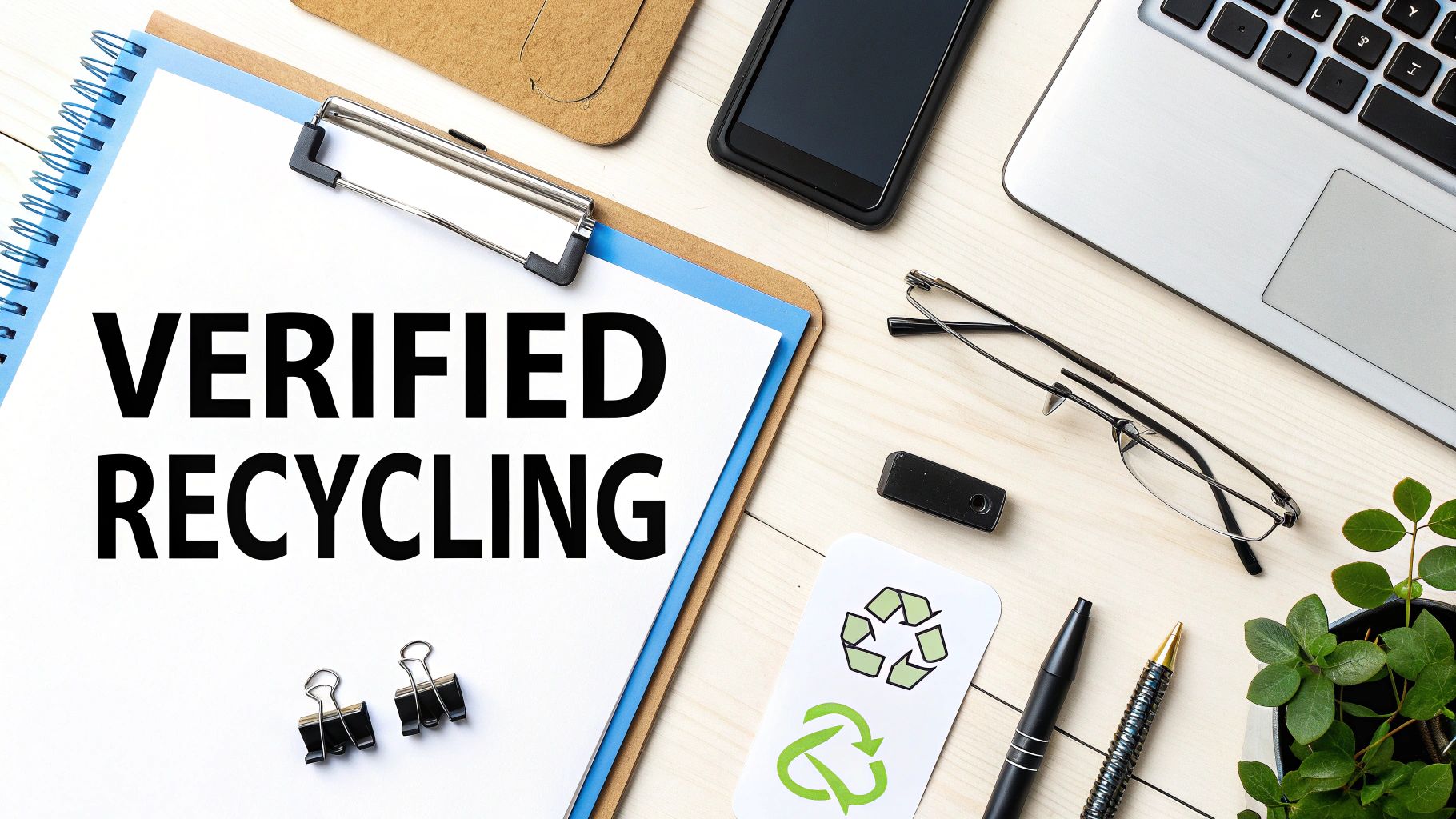 Office desk flat lay with 'Verified Recycling' on a clipboard, alongside a laptop, phone, and recycling symbols.