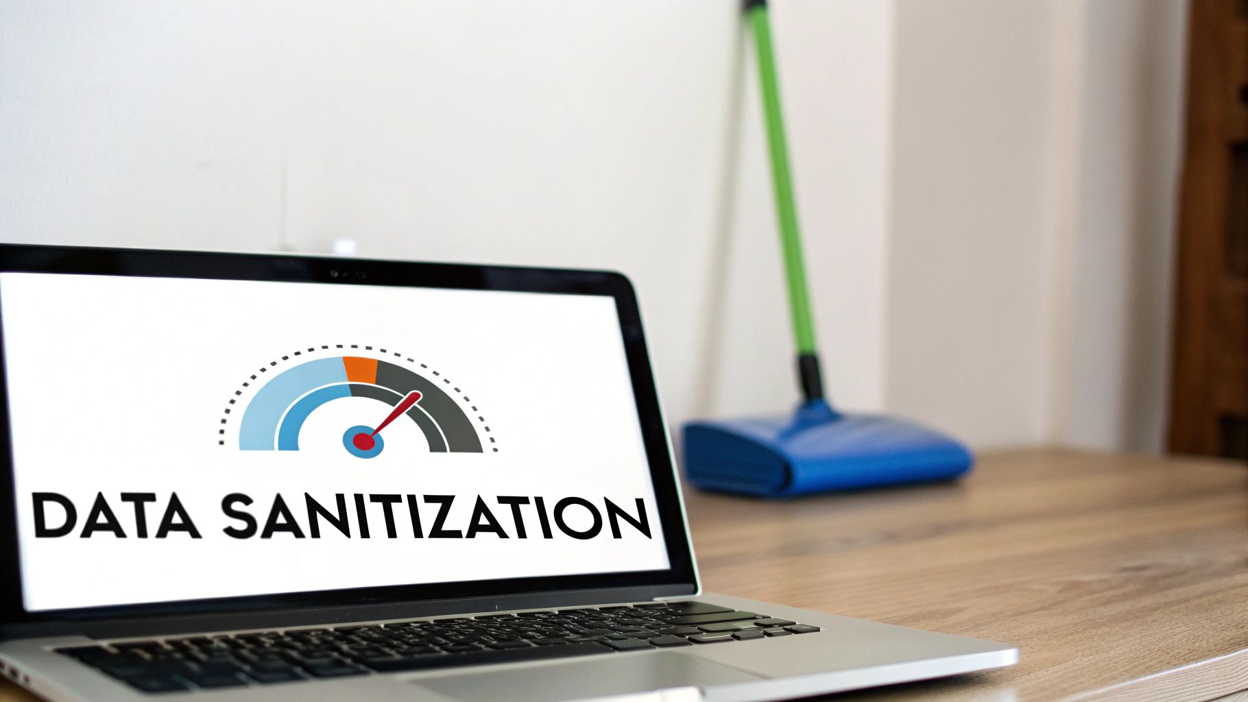 A close-up of a hard drive with its internal components exposed, symbolizing data sanitization.