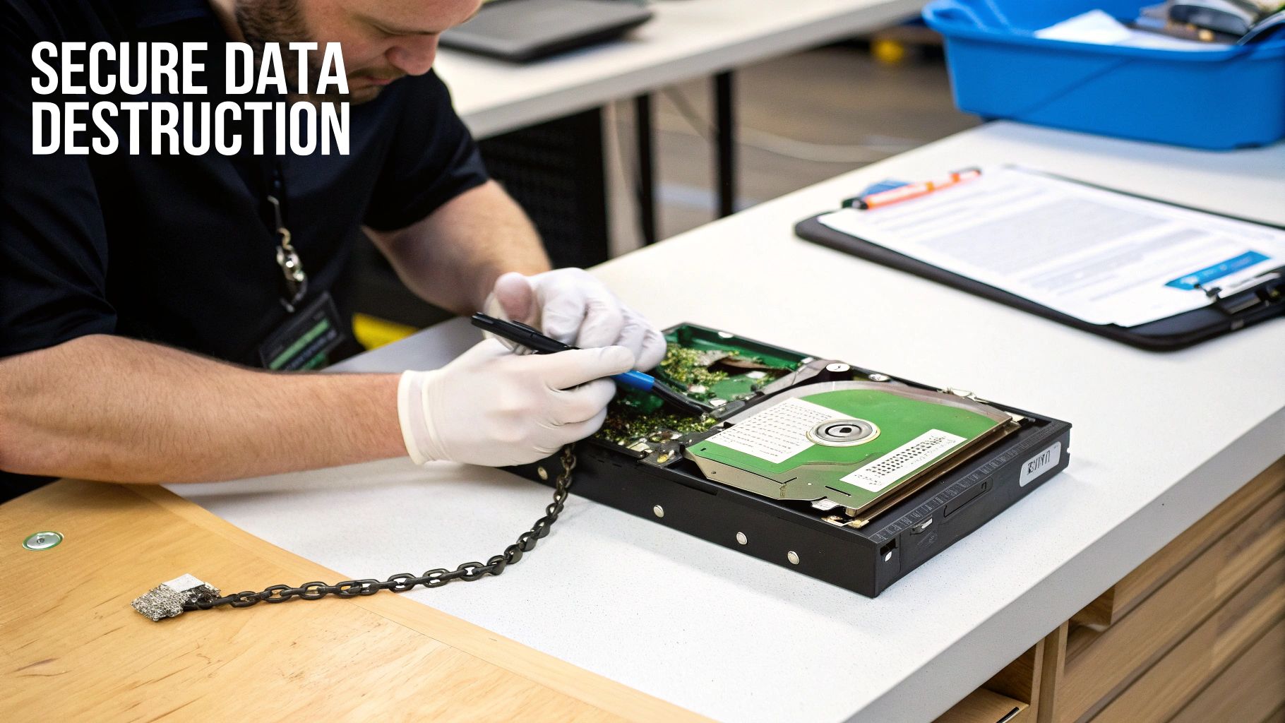 A secure data destruction process with a large industrial shredder turning hard drives into small metal fragments.