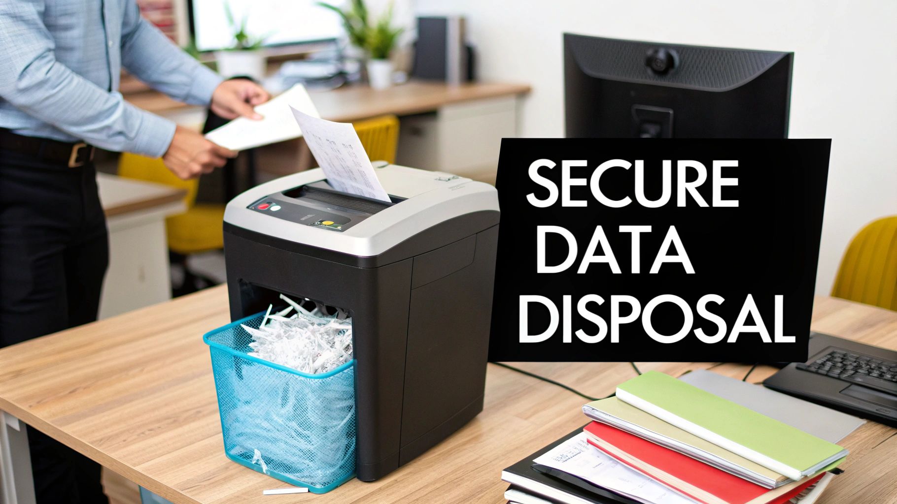 A hand holding a Certificate of Destruction document next to a magnifying glass on a sleek desk