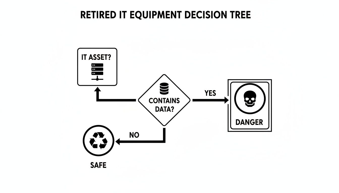 Decision tree flowchart for retired IT equipment: IT asset leads to data check, then danger or safe.