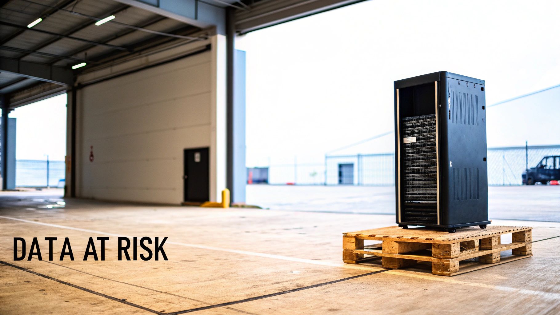 A large black server rack sits on a wooden pallet in an open, empty industrial warehouse.
