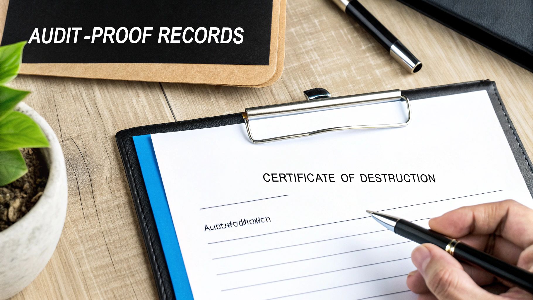 A hand holding a pen poised over a 'CERTIFICATE OF DESTRUCTION' document on a clipboard, with 'AUDIT-PROOF RECORDS' visible in the background.