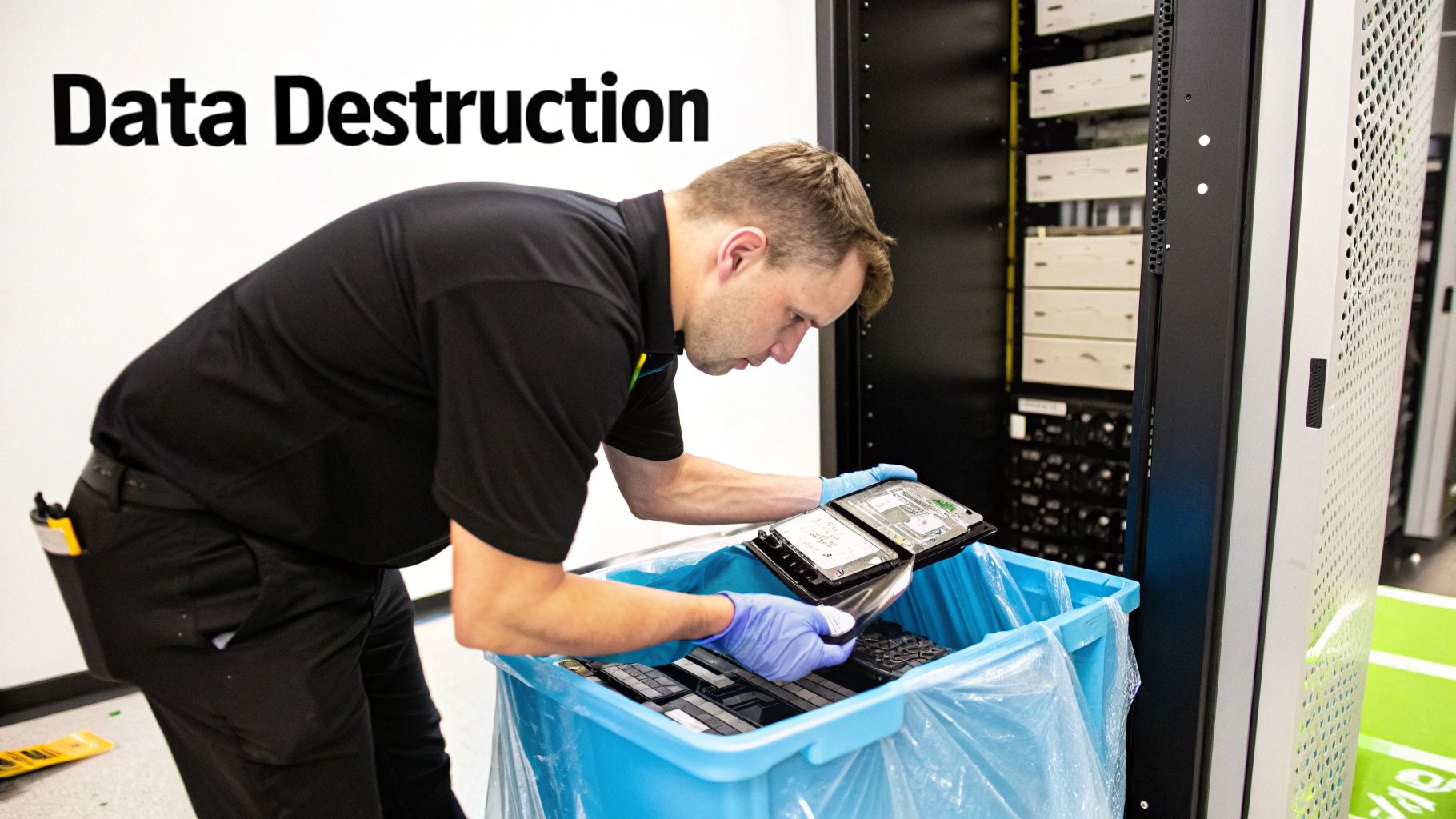 A man in blue gloves is disposing of hard drives in a bin, demonstrating data destruction.