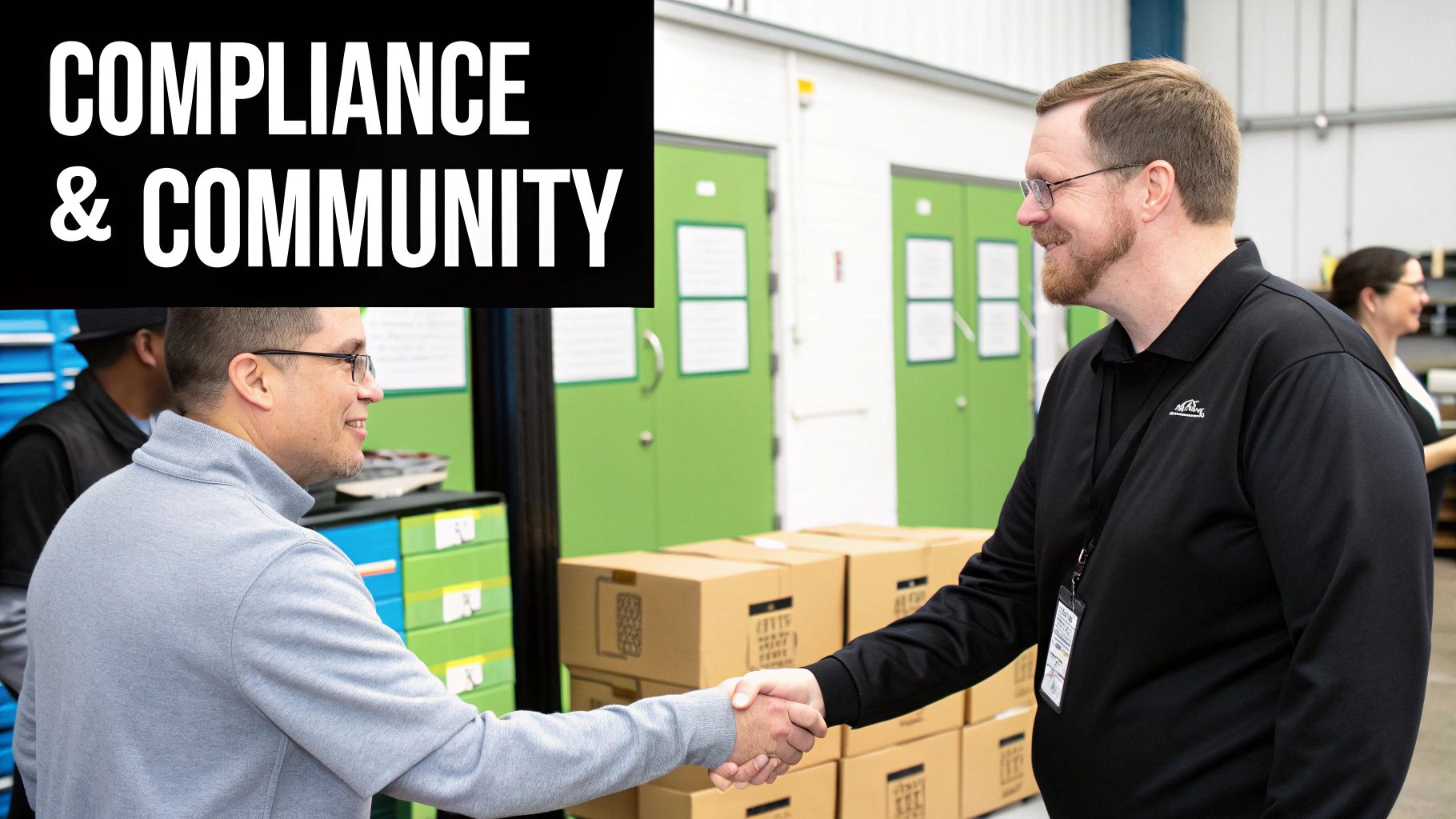 Two men smiling and shaking hands in a a professional setting with boxes and green doors.