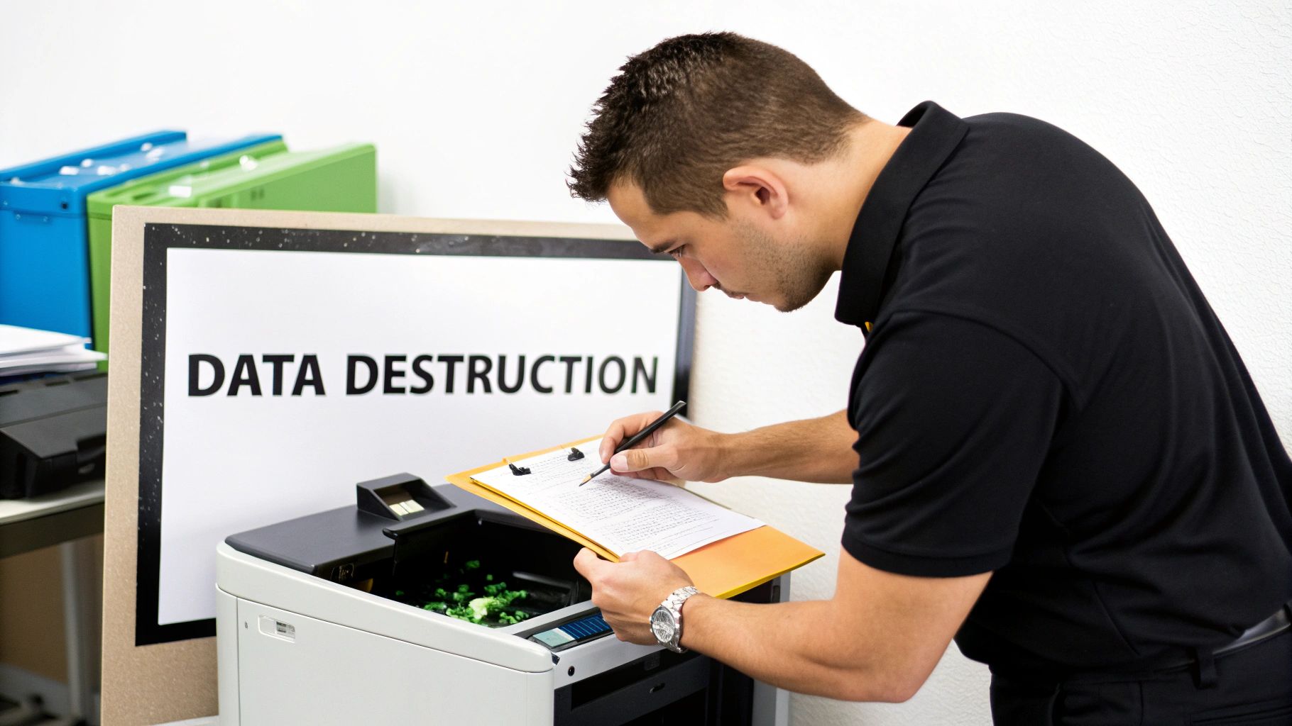Technician verifying a clipboard checklist while a machine performs secure data destruction.