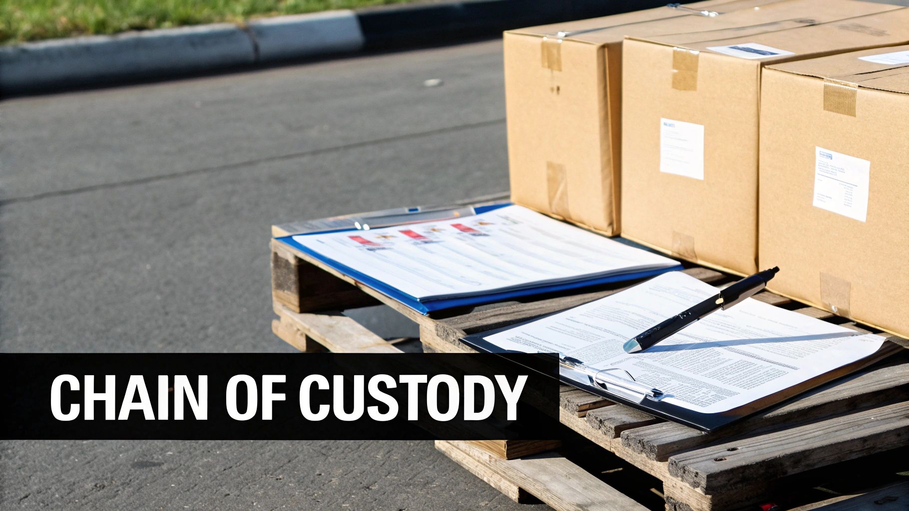 Cardboard boxes and documents on wooden pallets, illustrating a chain of custody process.