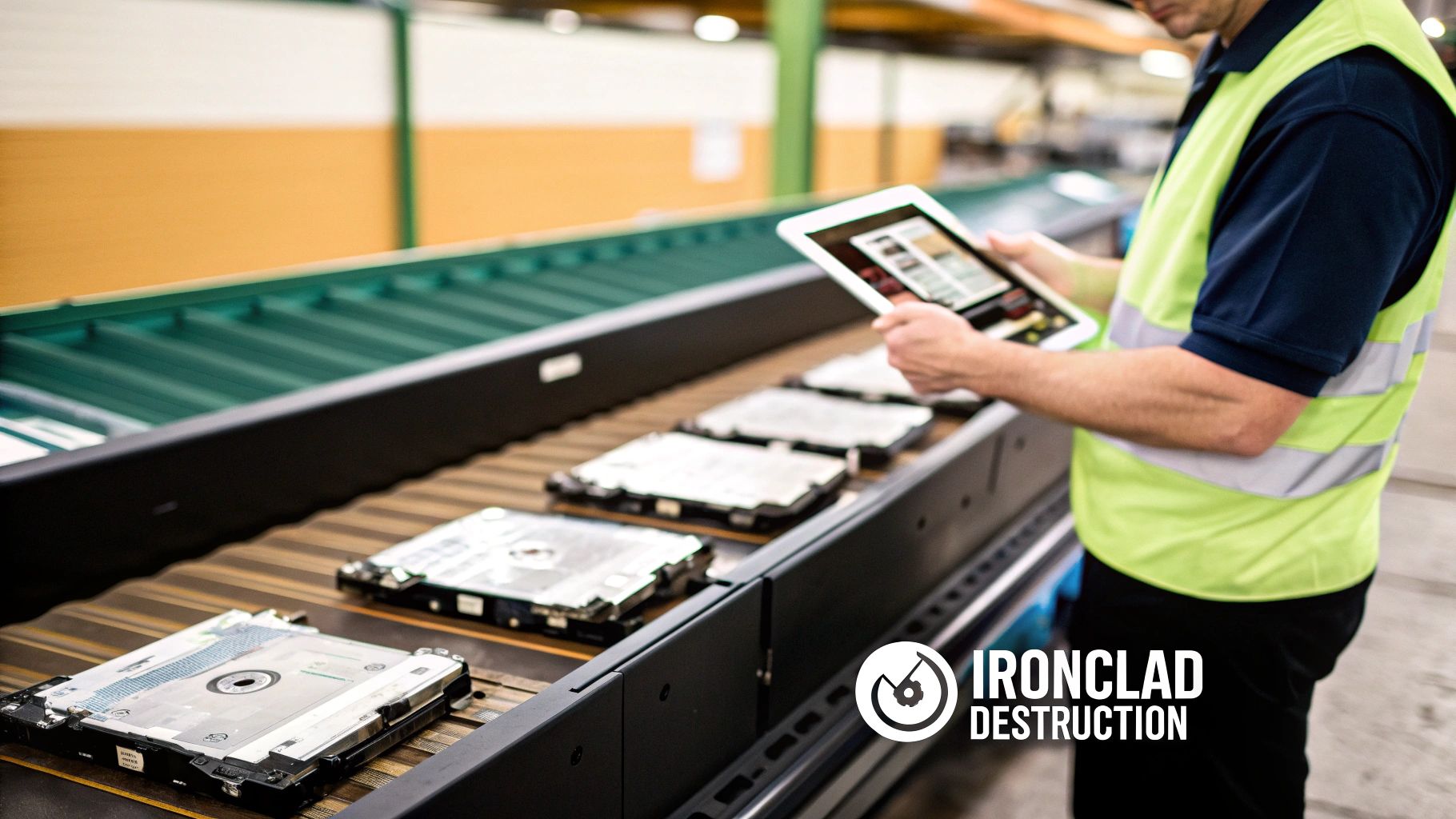 Worker in high-vis vest inspecting hard drives on a conveyor belt with a tablet.