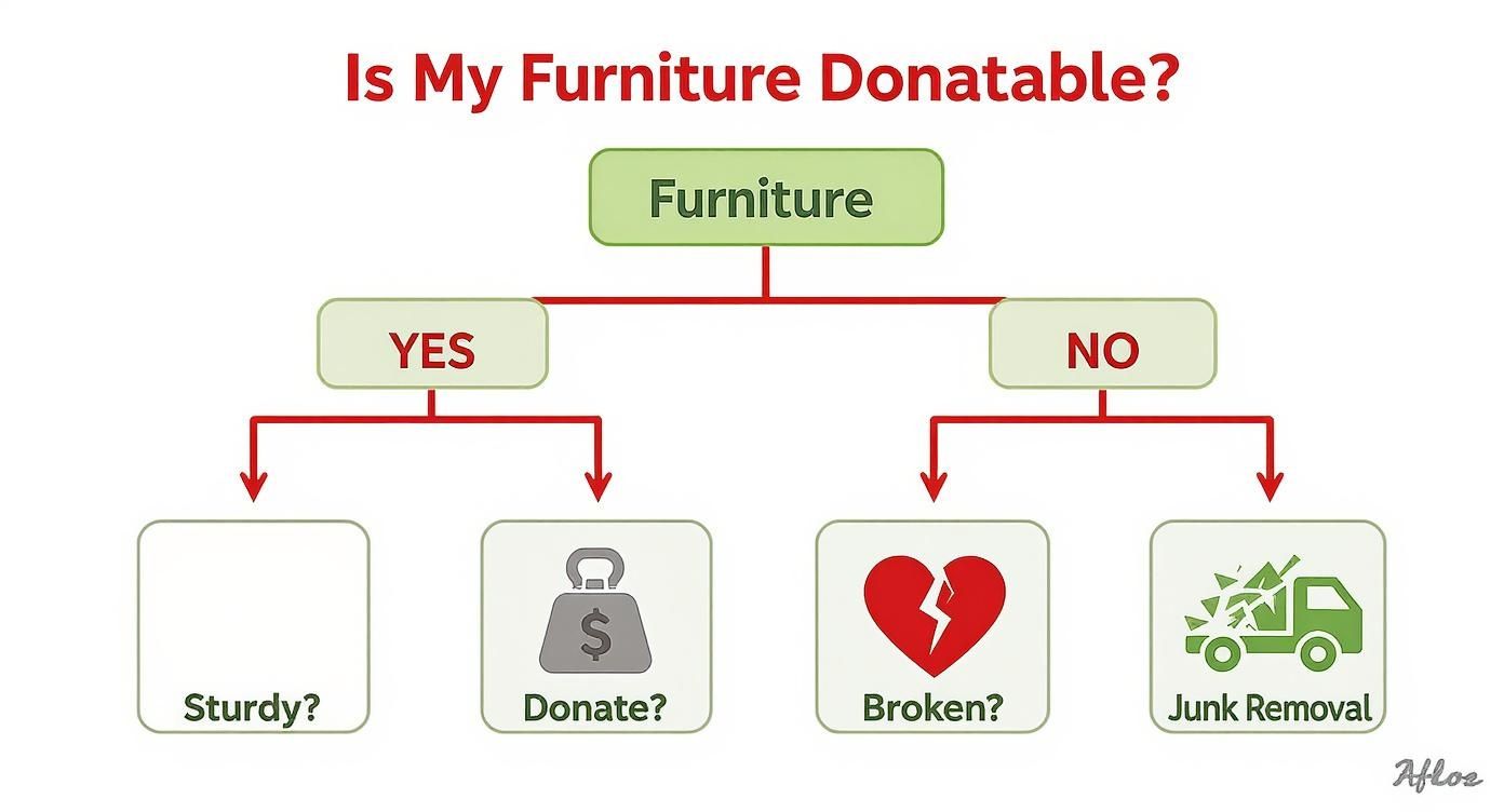 Flowchart guiding users on whether furniture is donatable, considering its condition like sturdiness or if it's broken.