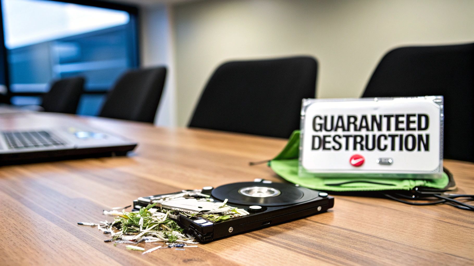 A disassembled hard drive with debris on a wooden table, next to a 'GUARANTEED DESTRUCTION' sign.