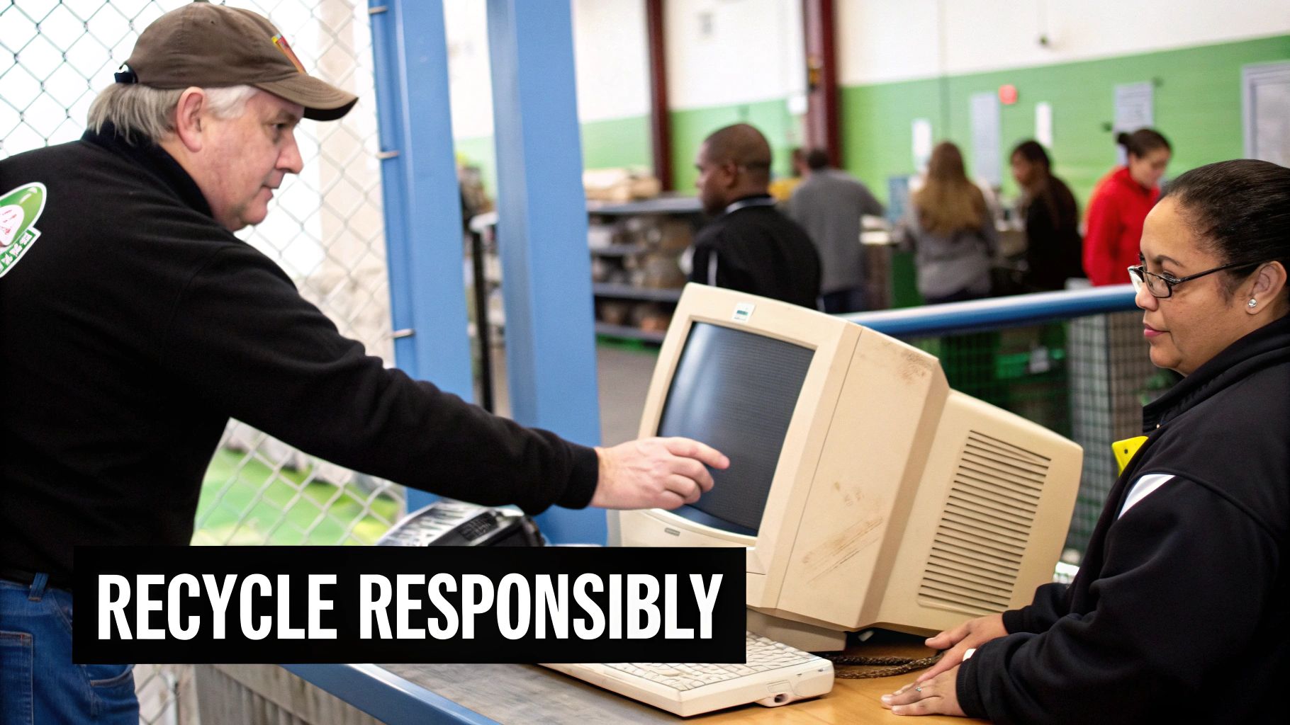 Person placing an old laptop into a recycling bin with other electronics.