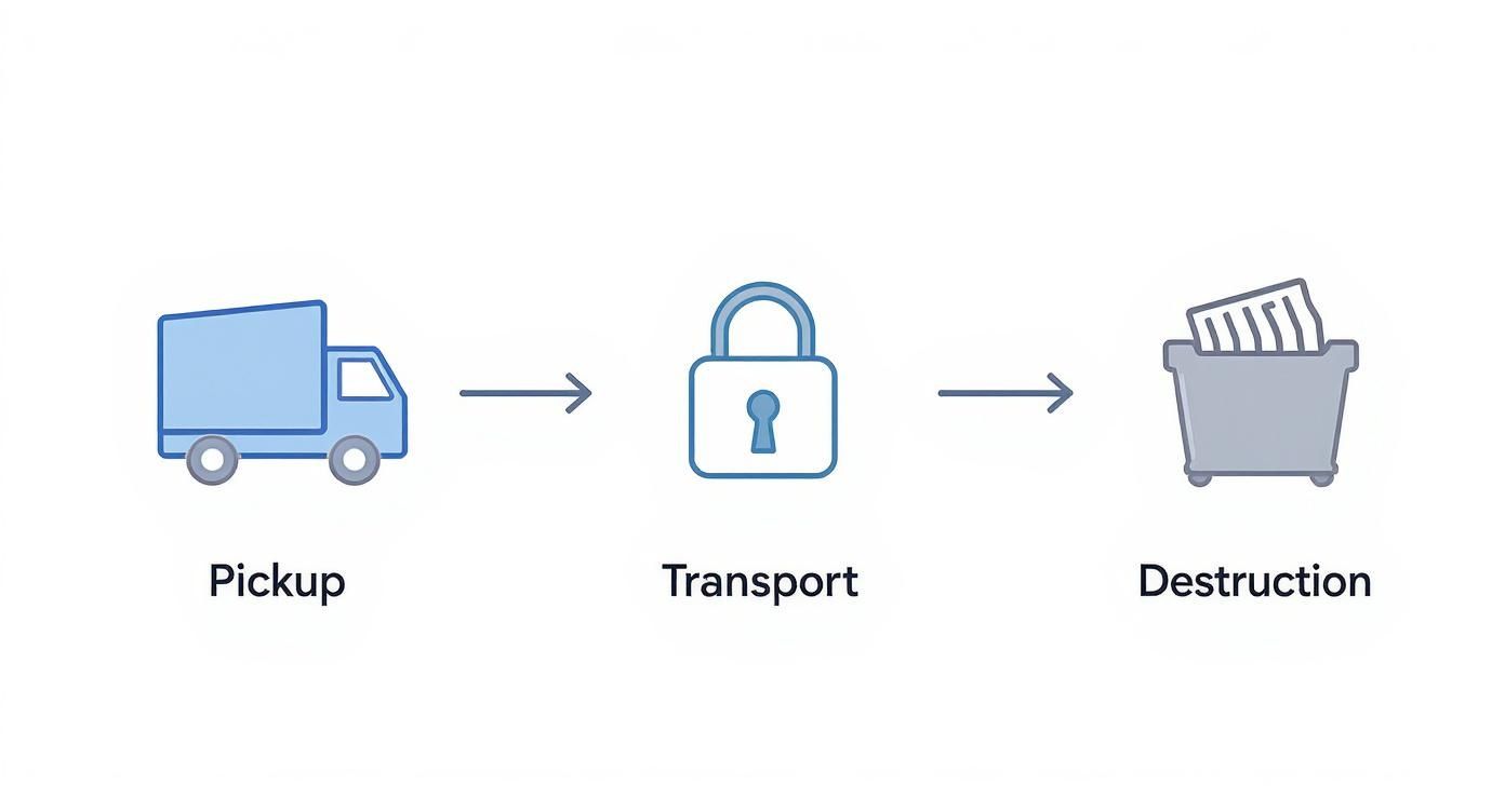 A flowchart showing a three-step secure destruction process: pickup by truck, transport with a padlock, and destruction with a shredder.