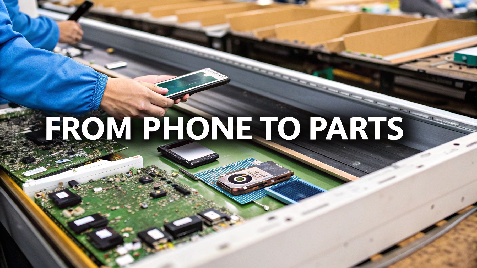A close-up view of disassembled smartphone components, showing the circuit board, battery, and other internal parts laid out for recycling.