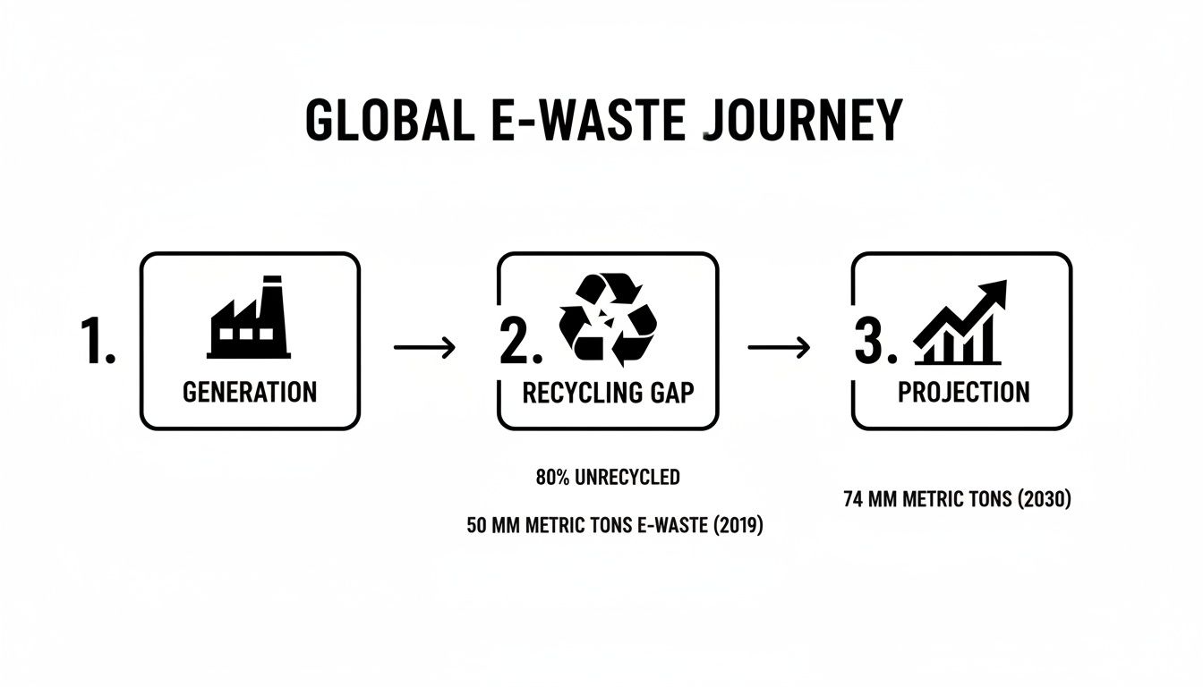 Infographic showing the global e-waste journey: generation, recycling gap, and future projection of e-waste.