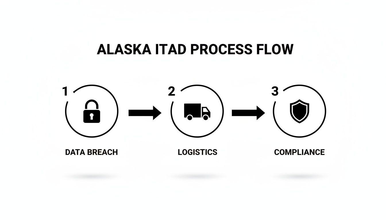 A process flow diagram for Alaska ITAD showing three sequential steps: Data Breach, Logistics, and Compliance.