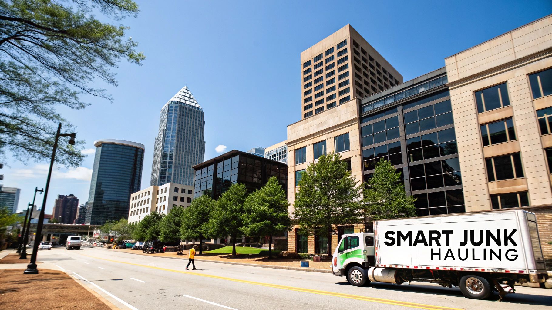 A "Smart Junk Hauling" truck on a sunny city street with tall buildings in Midtown Atlanta.