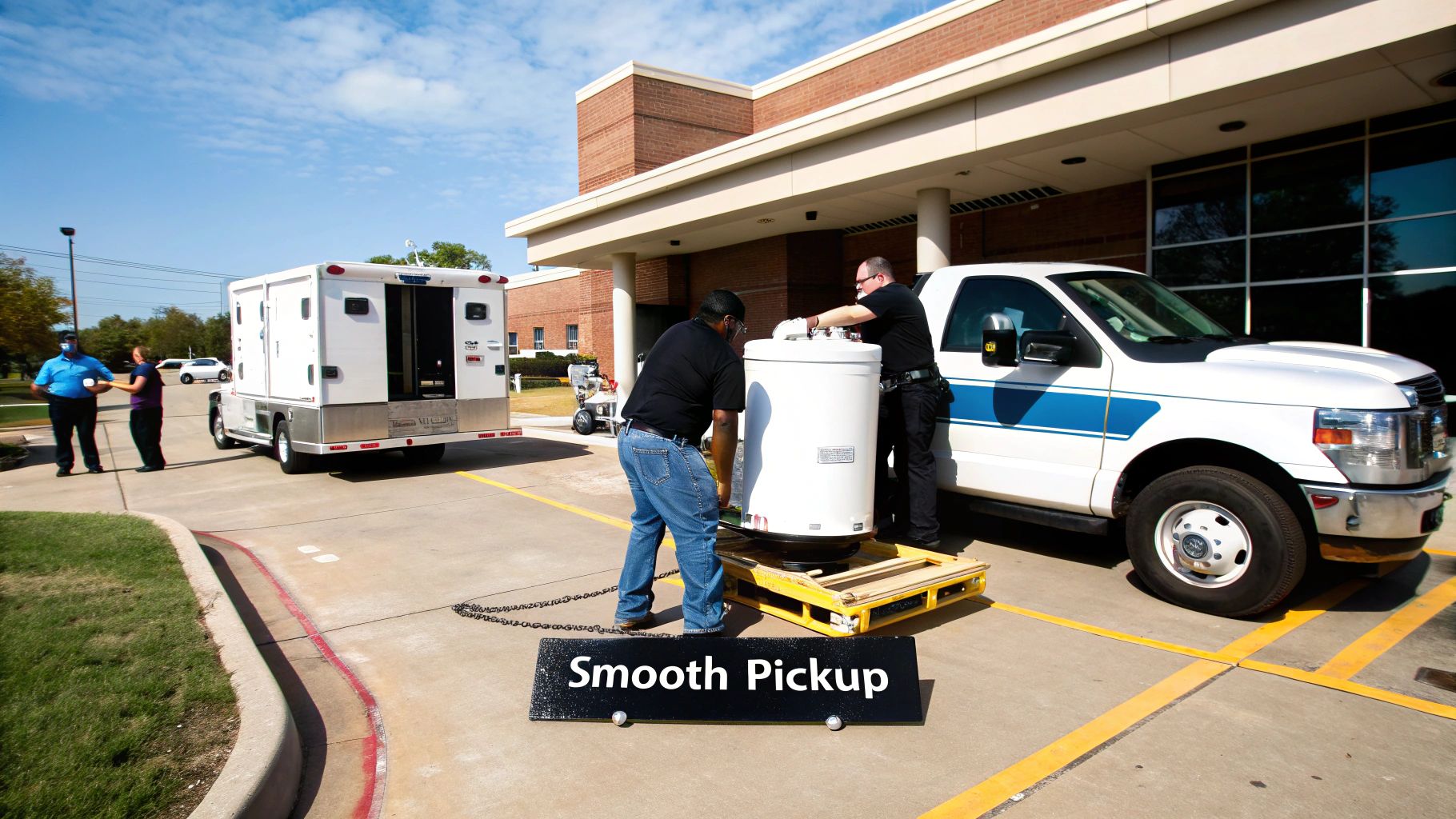 Two men load a large white medical container onto a white pickup truck with a blue stripe, outdoors.