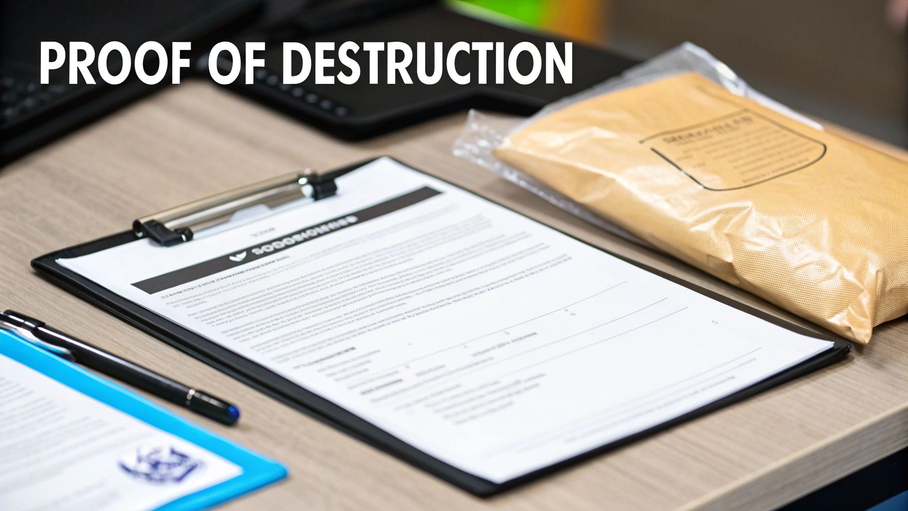A document on a clipboard and a brown package titled 'PROOF OF DESTRUCTION' on a wooden desk.