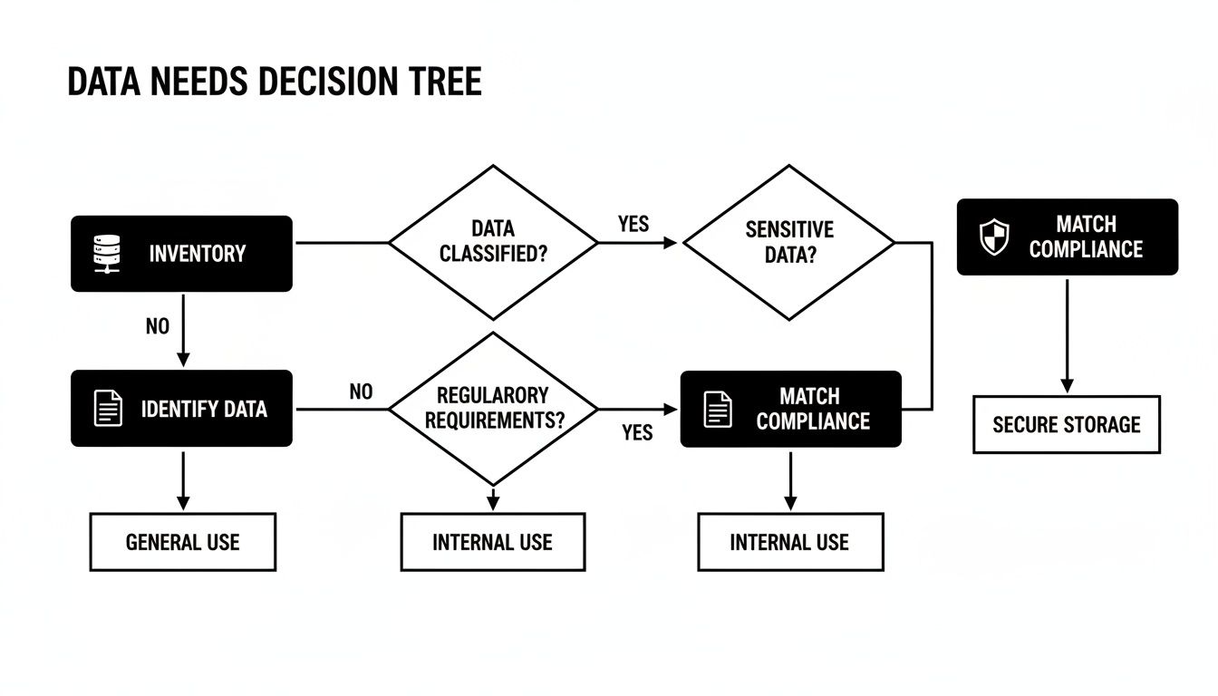 A data needs decision tree flowchart showing steps for data classification, compliance, and usage.