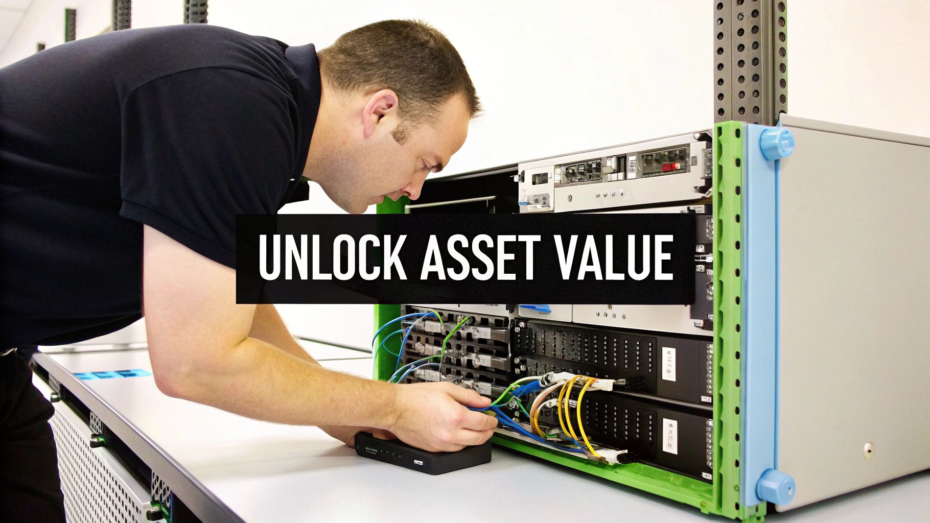 Technician connecting colorful cables to electronic devices in a server rack, emphasizing asset value.